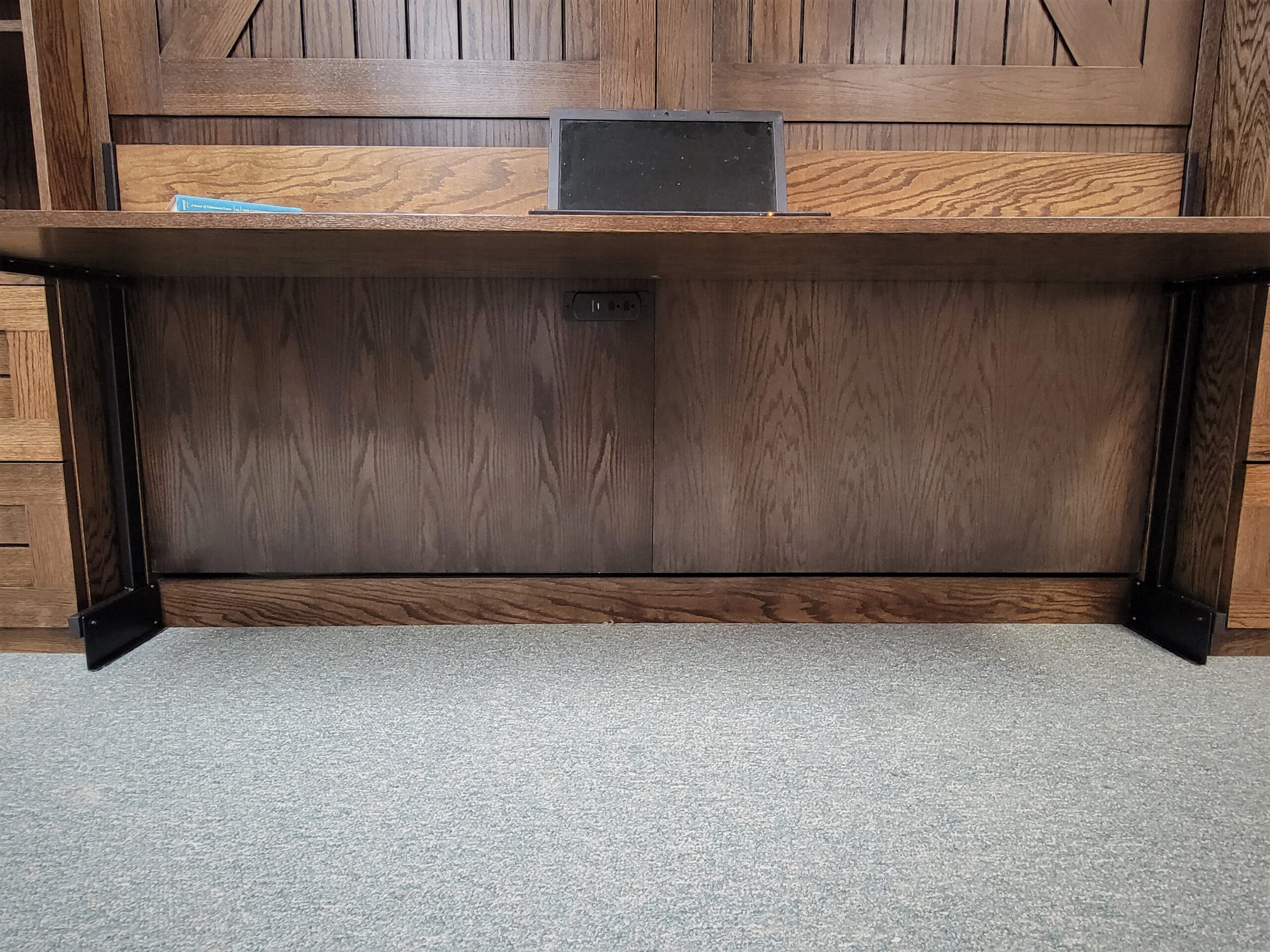 Dark Walnut on Oak Barn Door Murphy Bed Under Desk Charging Station