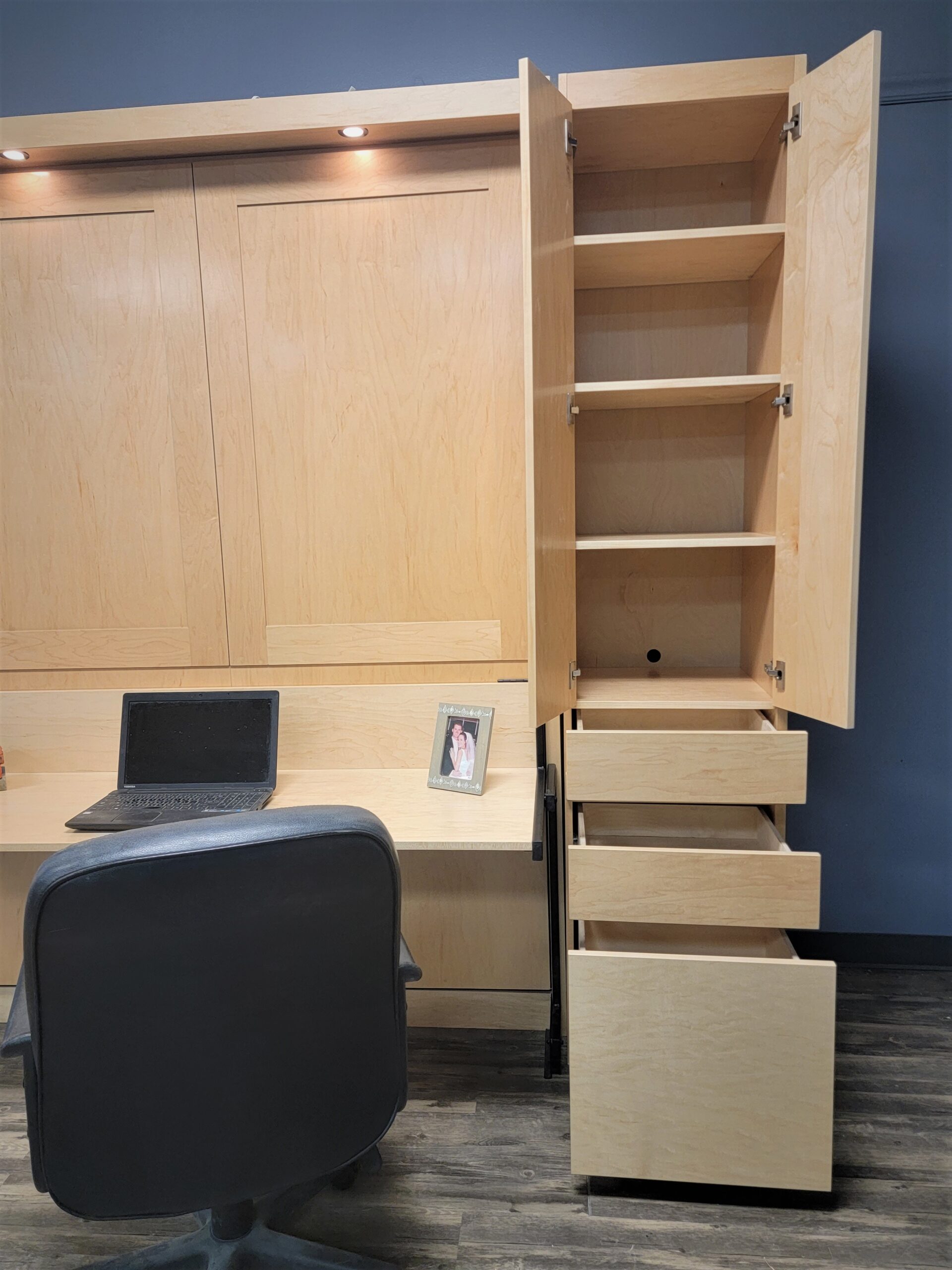 Natural Maple Ginsburg Bookcase Door and Drawers Open