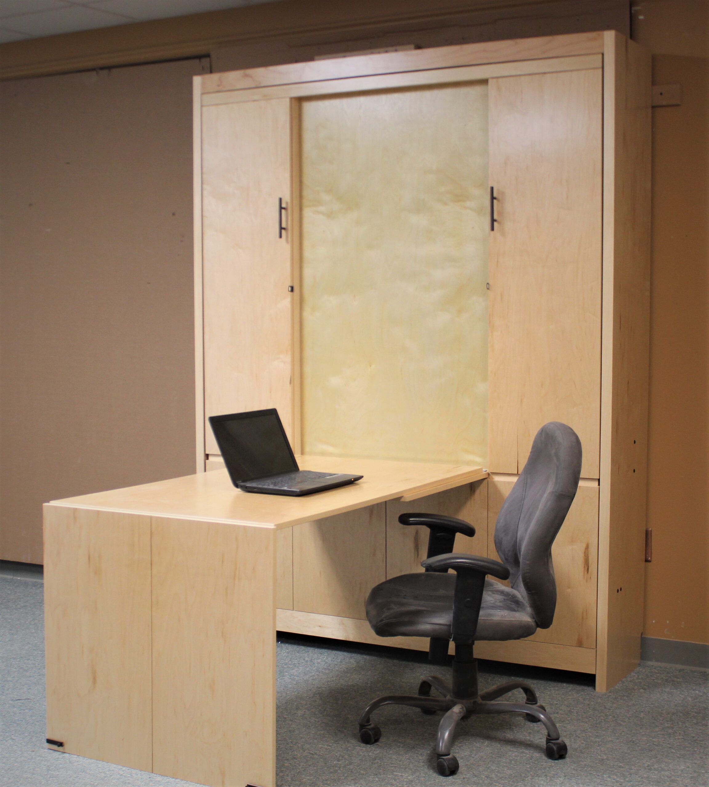 Alpine Inset Desk Murphy Bed Side View of Bed Shown Closed Desk Open