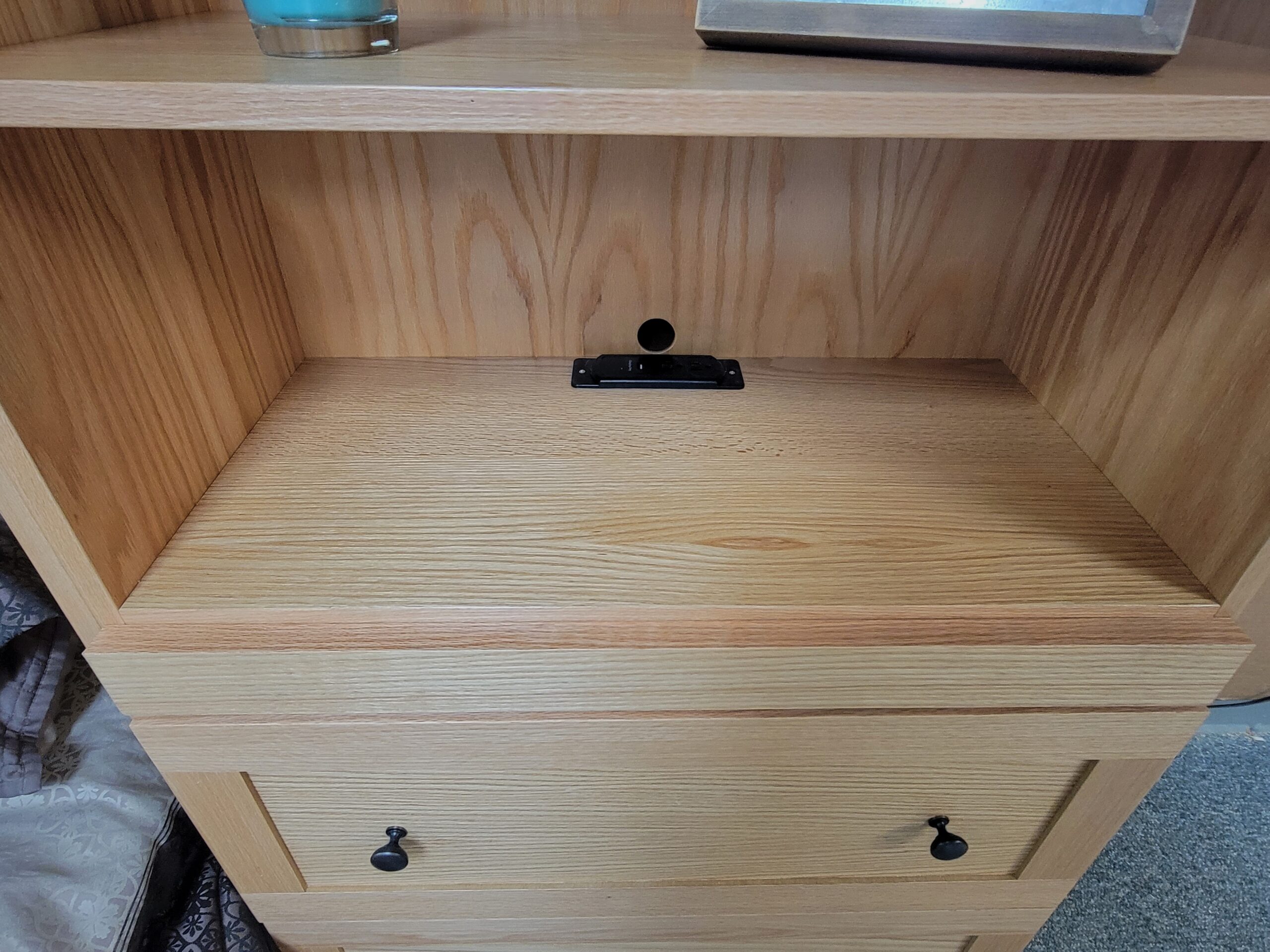 Natural Oak Craftsman Murphy Bed Bookcase Charging Station in Right Bookcase