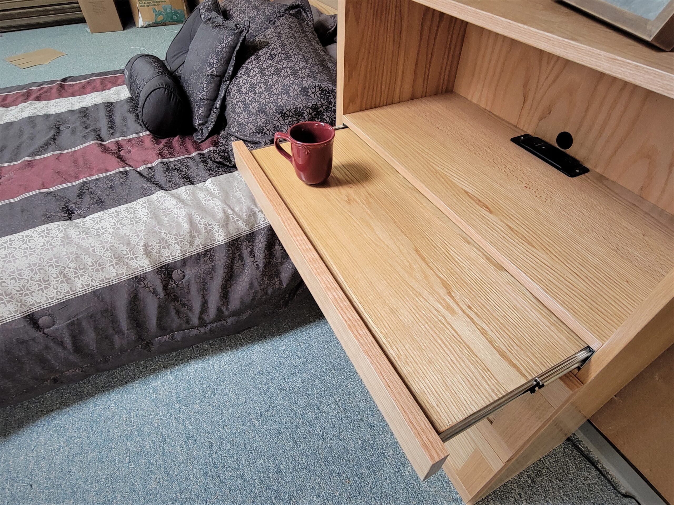 Natural Oak Craftsman Murphy Bed Pullout Drink Tray in Right Bookcase