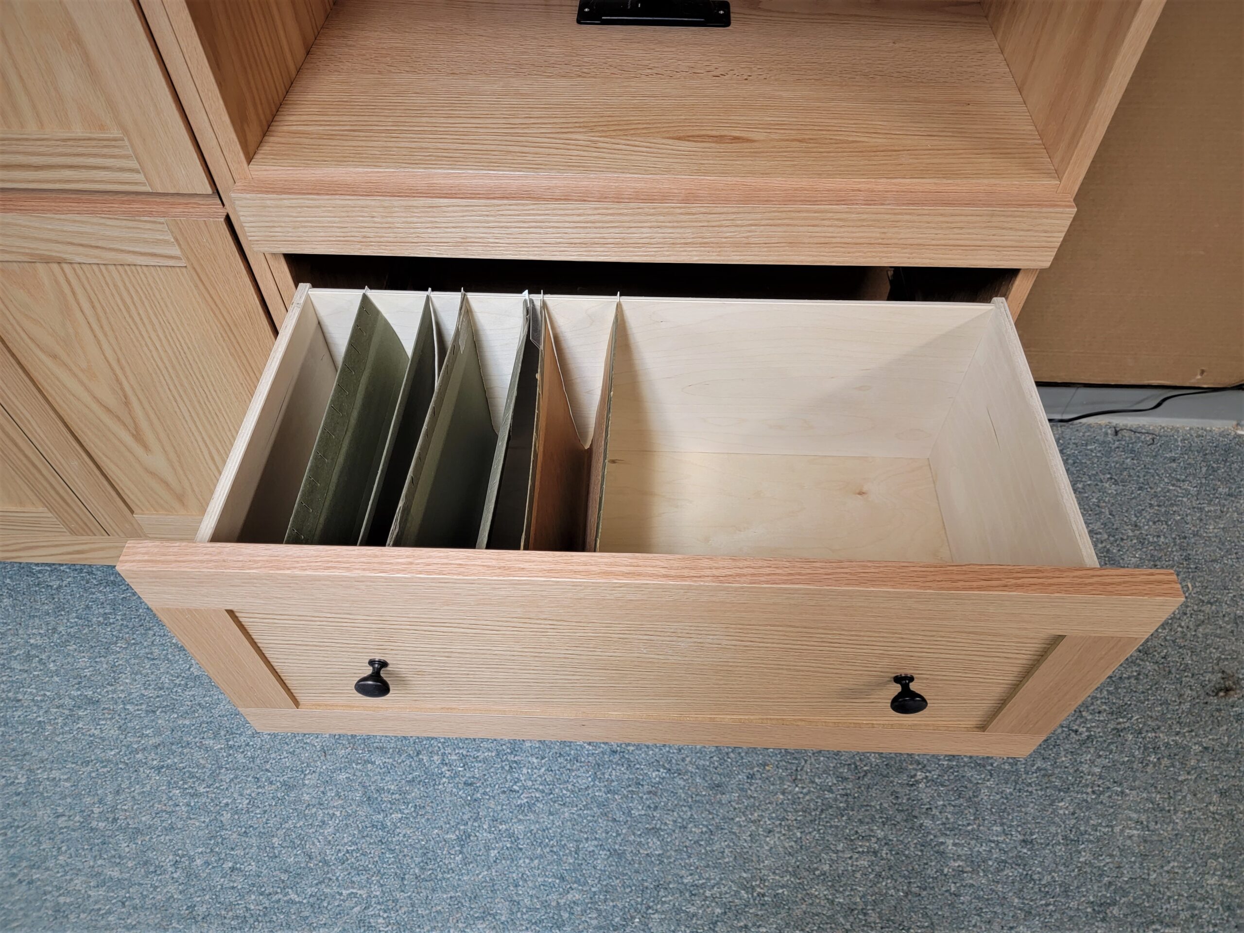 Natural Oak Craftsman Murphy Bed File Drawers in Lower Section of Right Bookcase