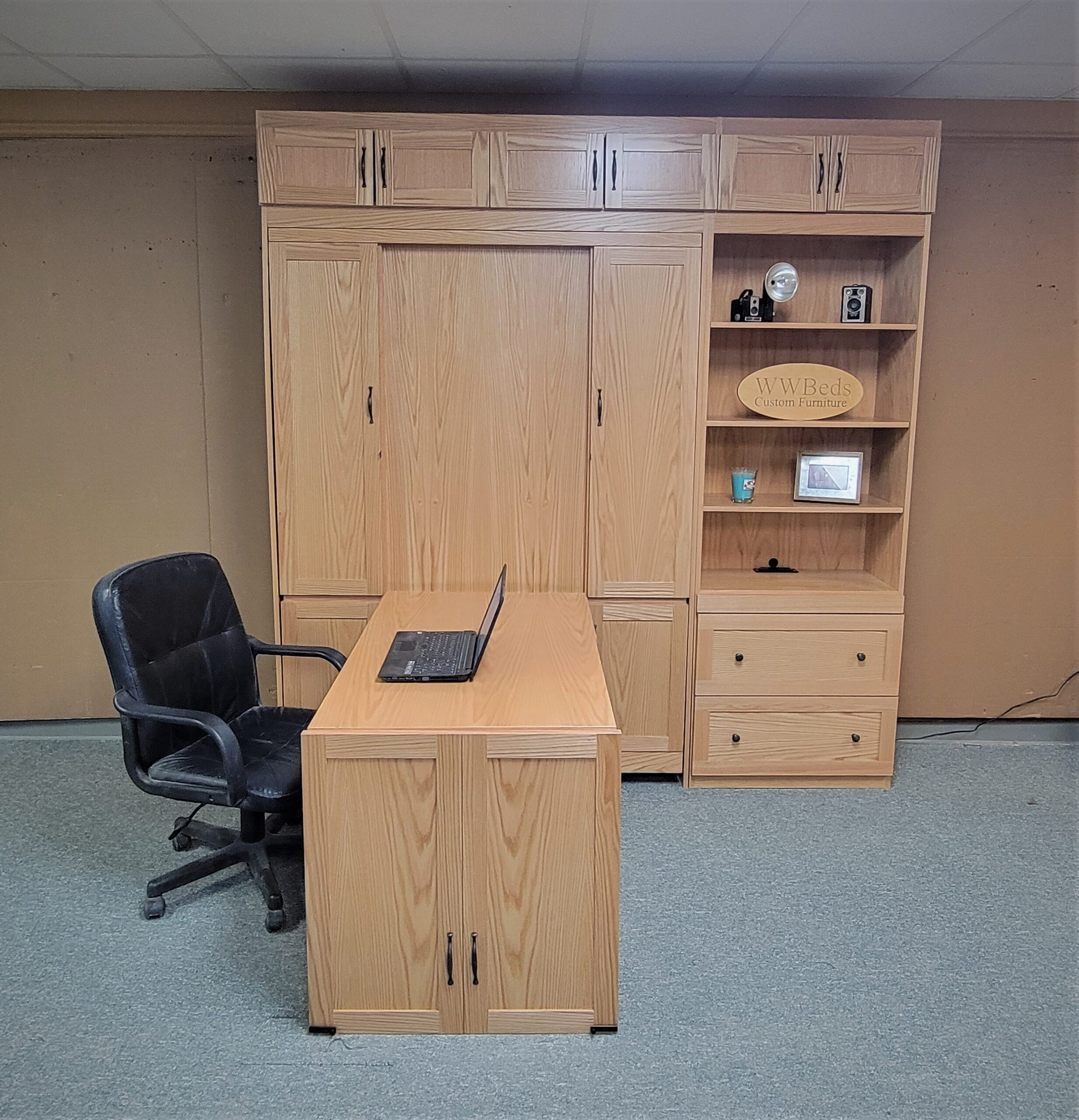 Natural Oak Craftsman Murphy Bed Front View of Bed Shown Closed and Desk Open