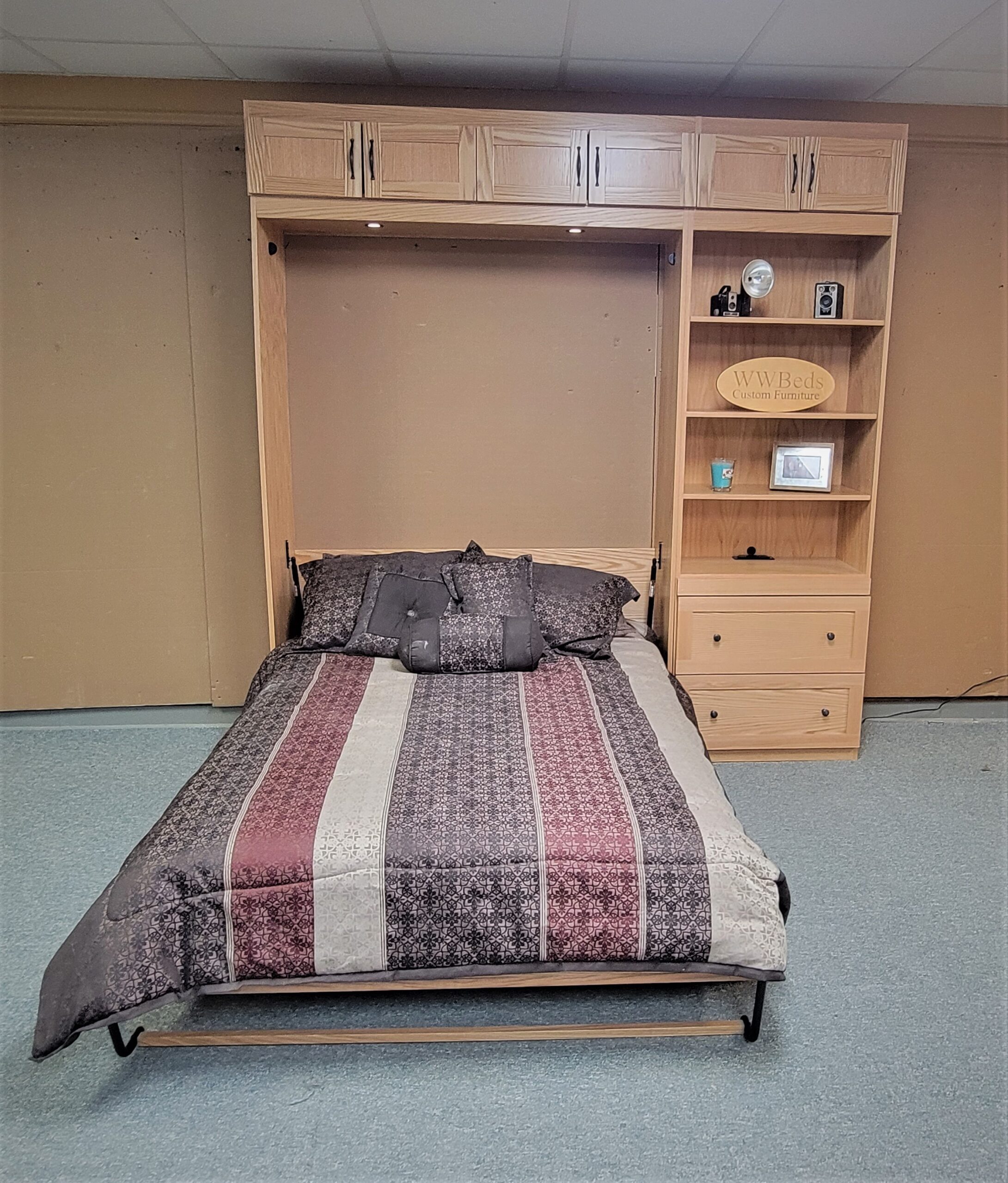 Natural Oak Craftsman Murphy Bed Front View of Bed Shown Open