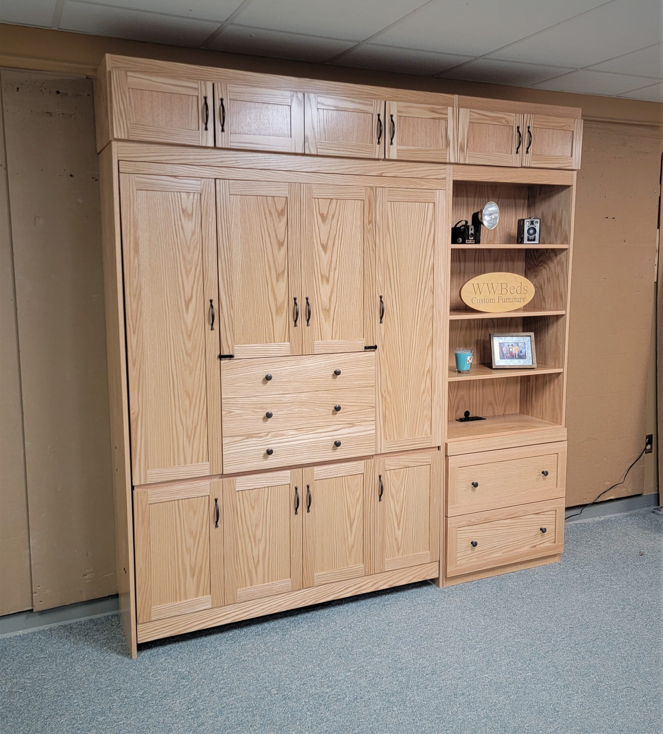 Natural Oak Craftsman Murphy Bed Side View of Bed Shown Closed