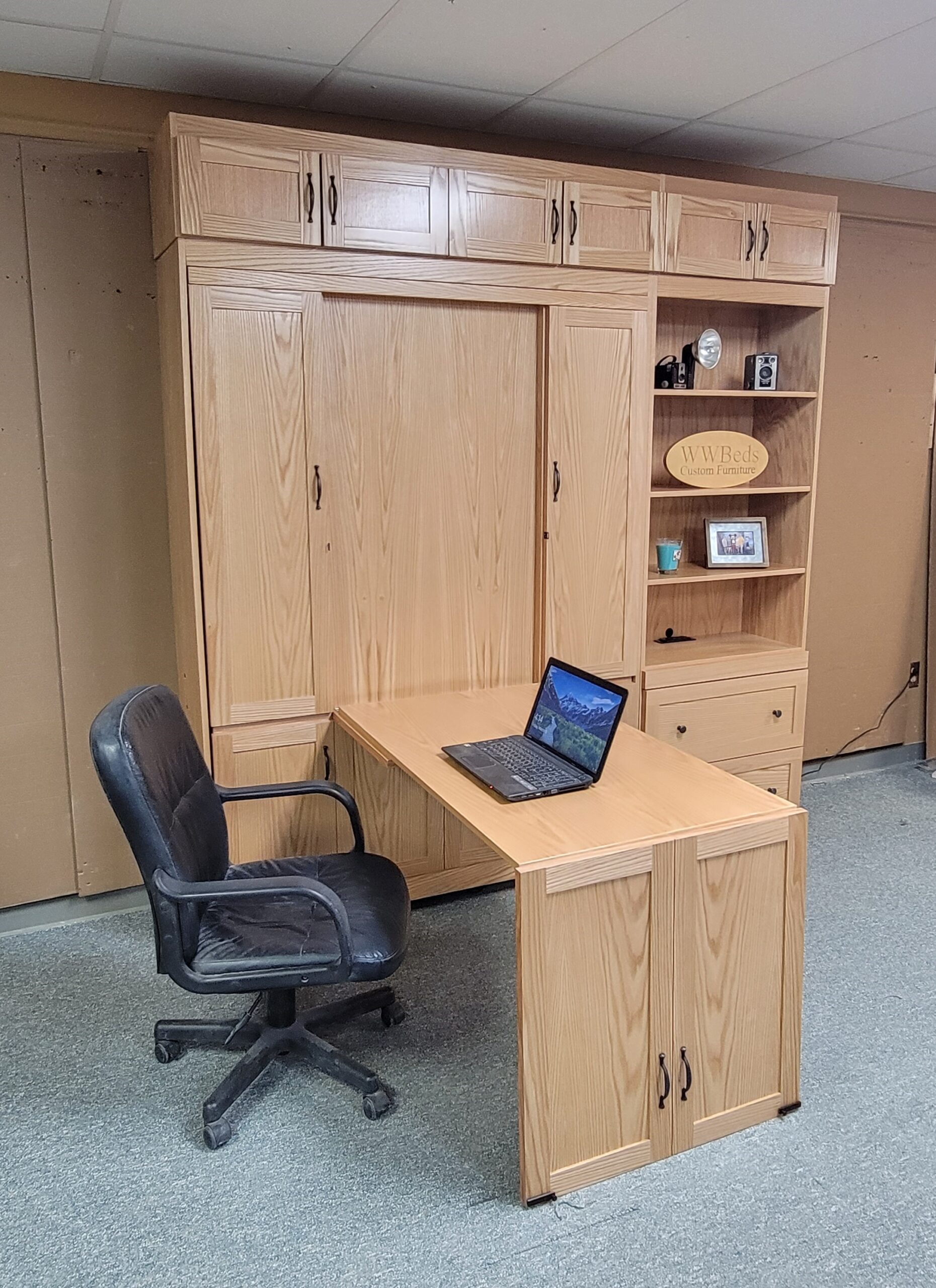 Natural Oak Craftsman Murphy Bed Side View of Bed Shown Closed and Desk Shown Open