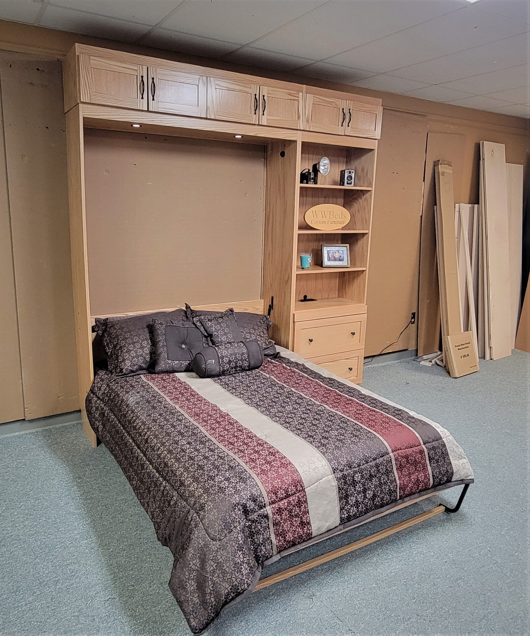 Natural Oak Craftsman Murphy Bed Side View of Bed Shown Open