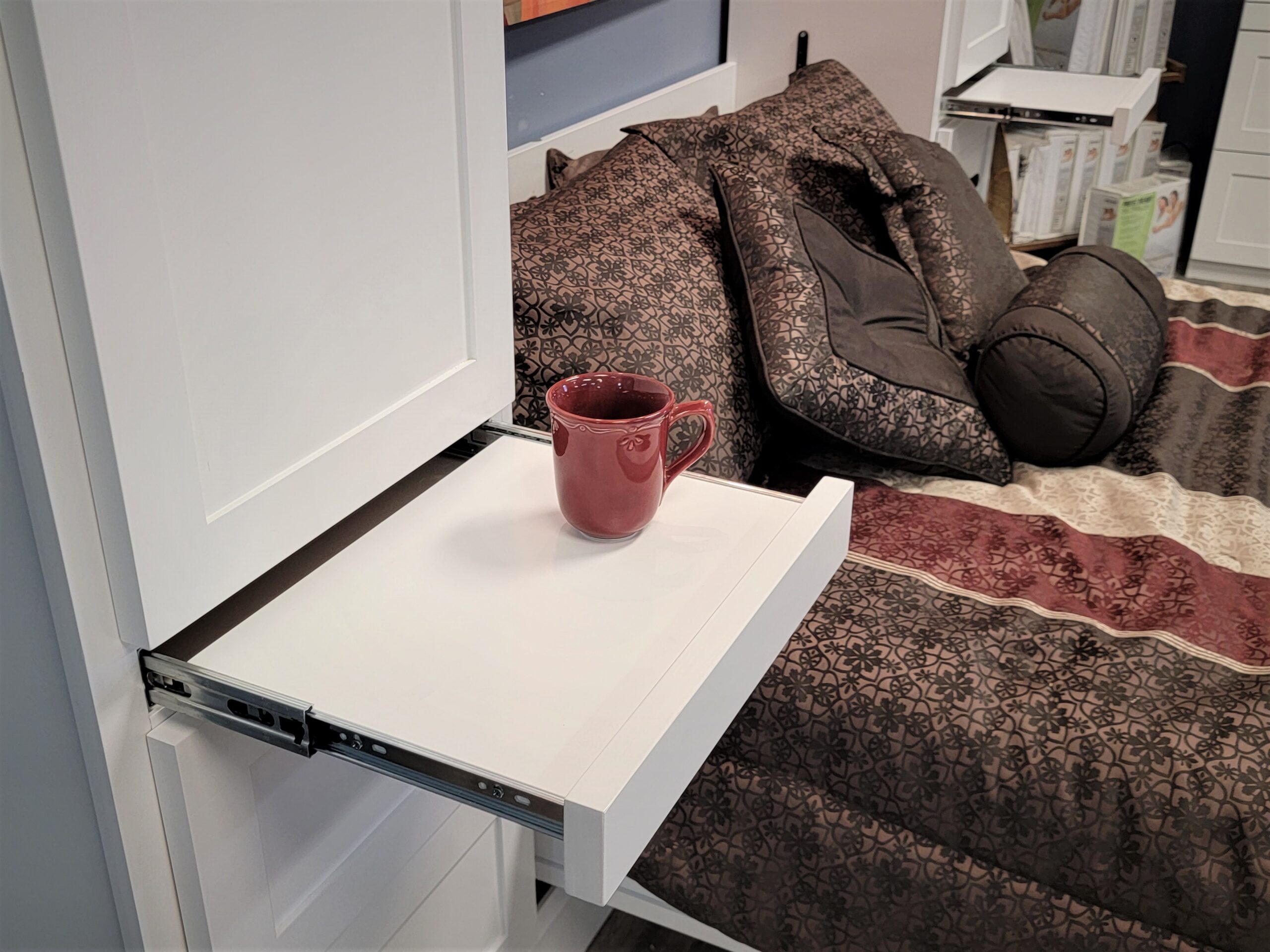 Shaker Murphy Bed with Single Fold Inset Desk Pullout Drink Tray in Both Bookcases