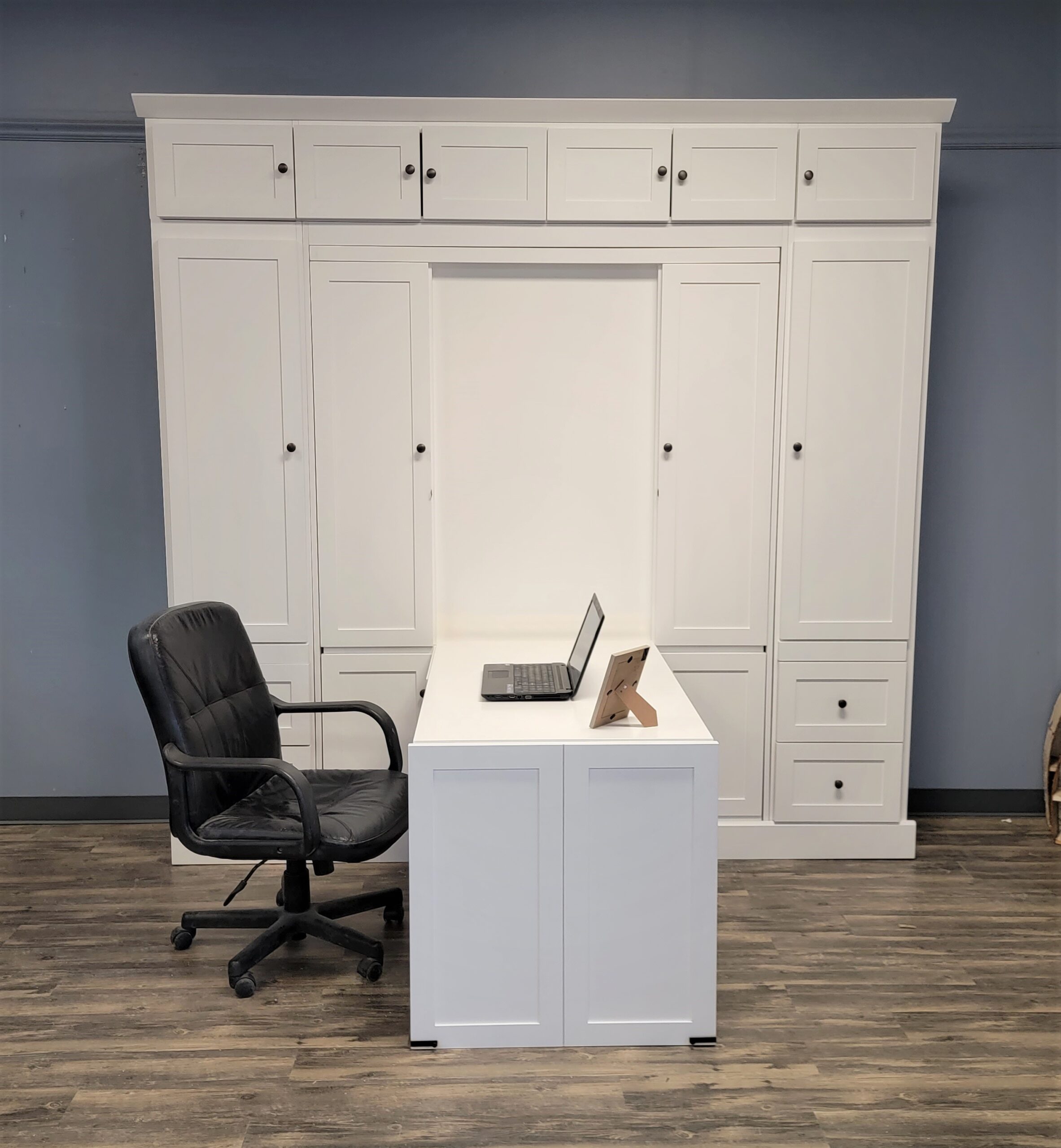 Shaker Murphy Bed with Single Fold Inset Desk Front View of Murphy Bed Shown Closed and Desk Open