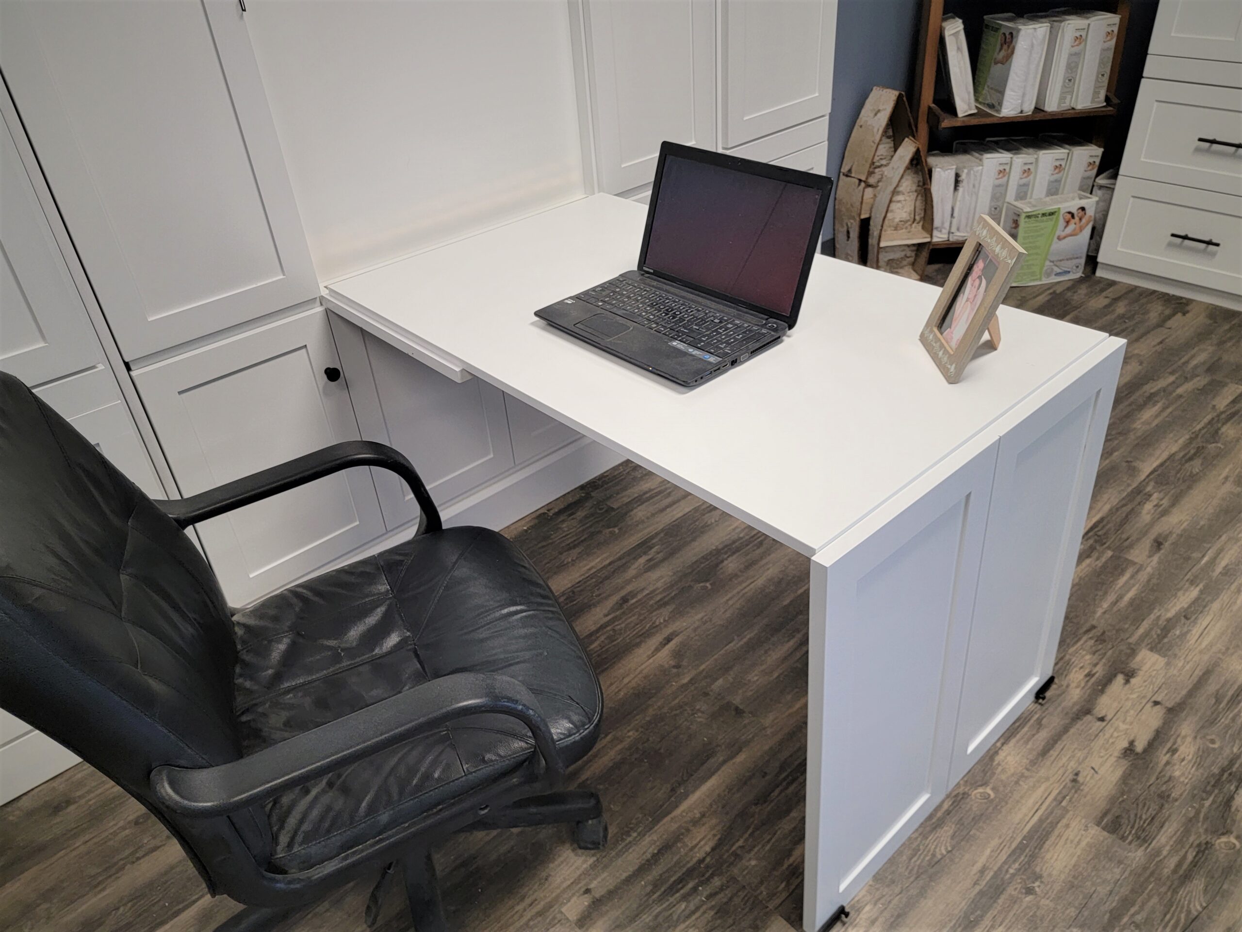 Shaker Murphy Bed with Single Fold Inset Desk Close-up of Desk