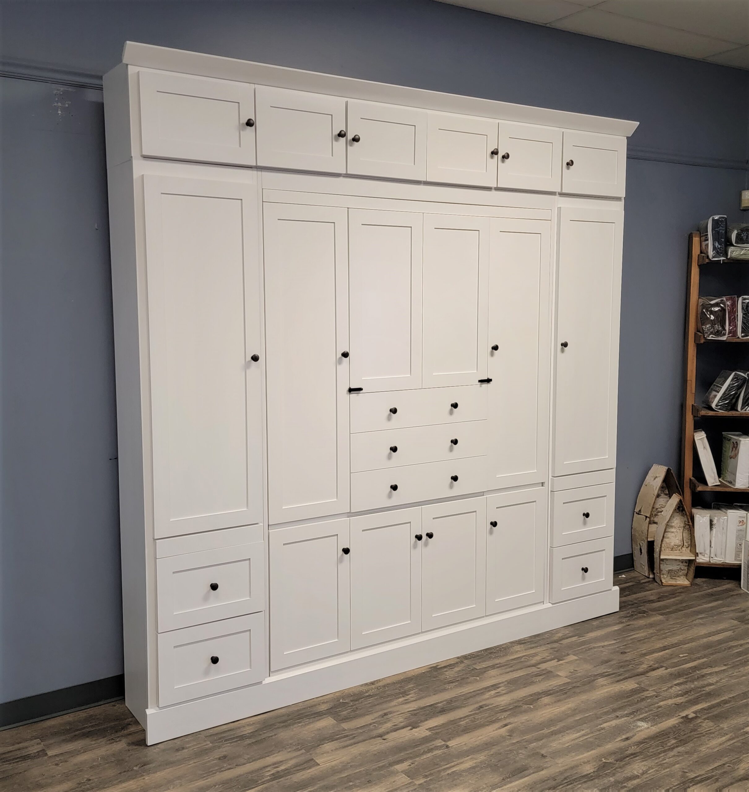 Shaker Murphy Bed with Single Fold Inset Desk Side View of Murphy Bed Shown Closed