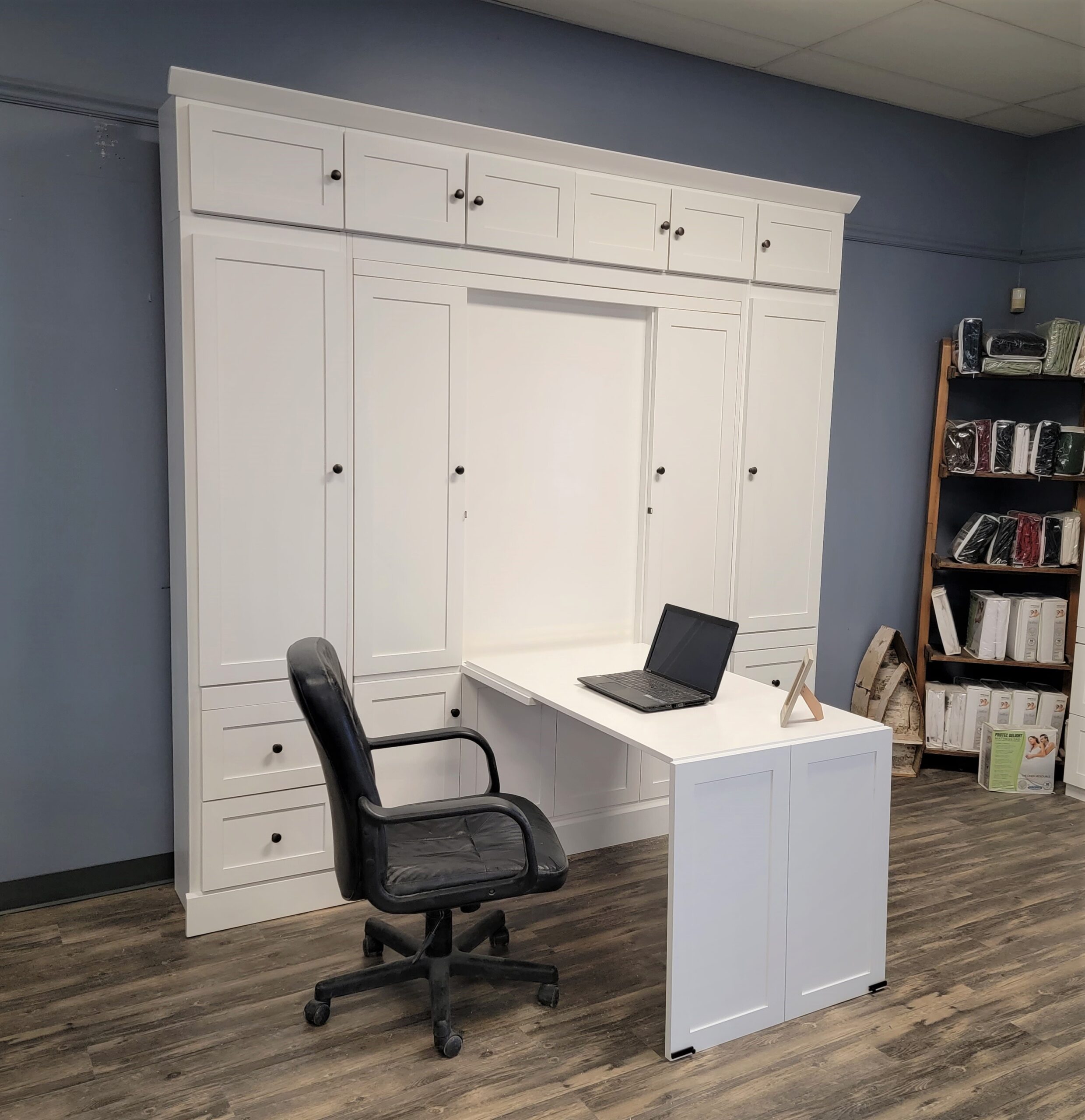 Shaker Murphy Bed with Single Fold Inset Desk Side View of Murphy Bed Shown Closed and Desk Shown Open