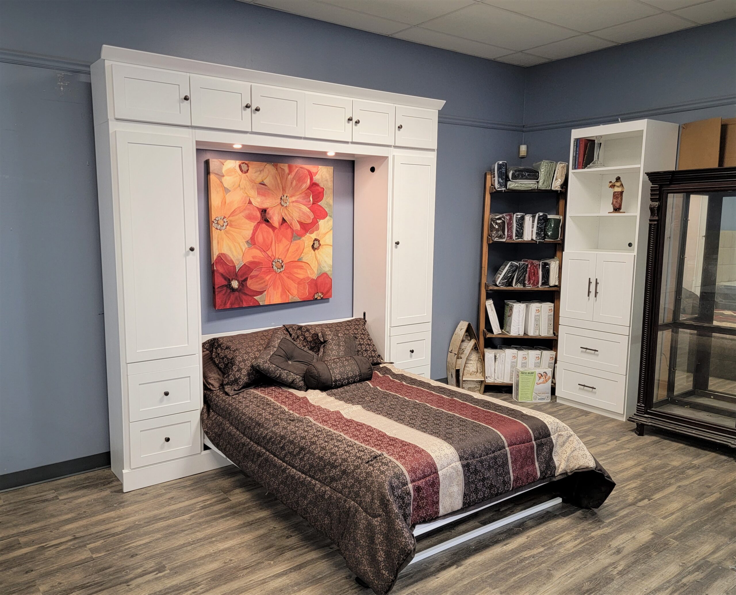 Shaker Murphy Bed with Single Fold Inset Desk Side View of Murphy Bed Shown Open