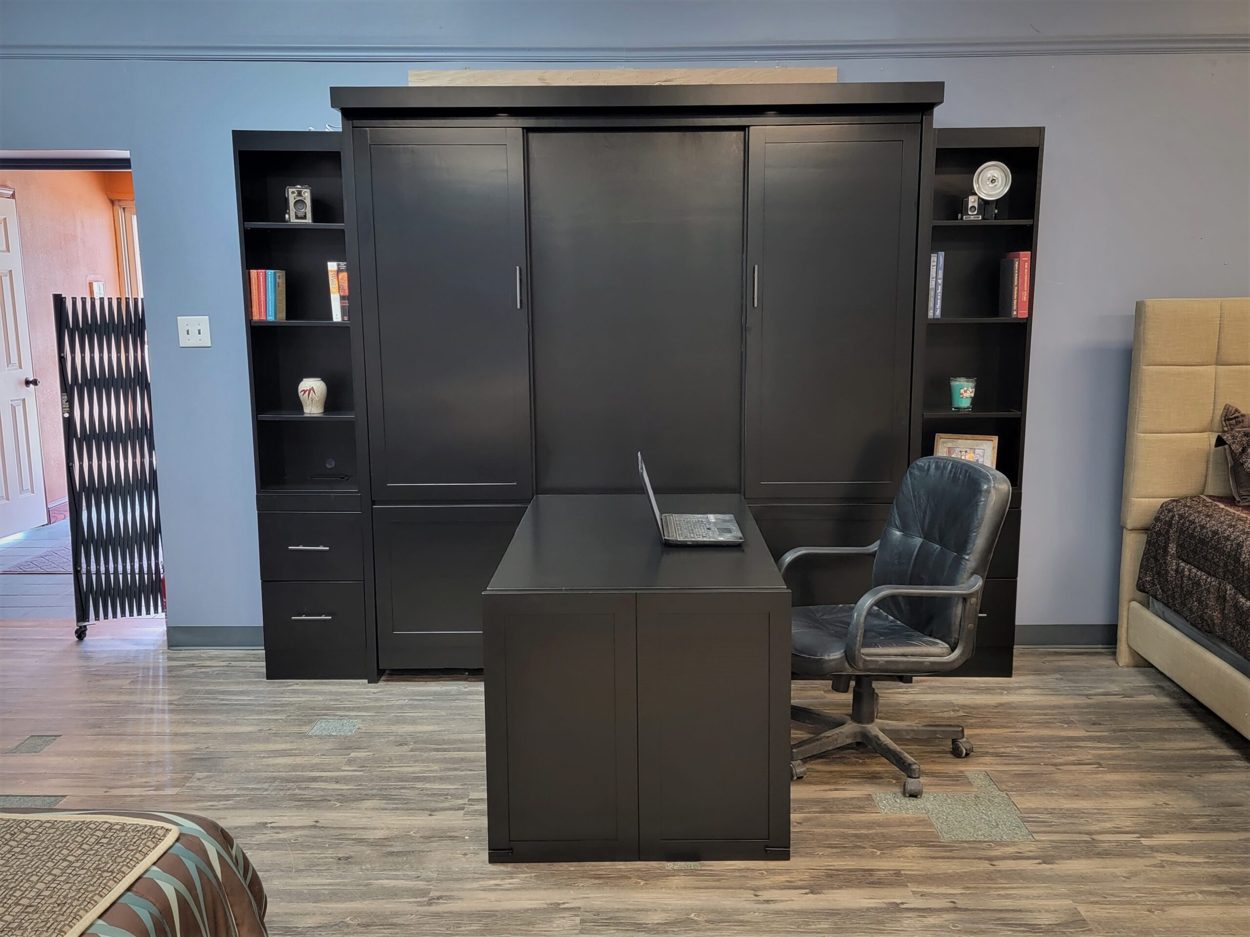 Black Lacquer Shaker Murphy Bed Front View of Murphy Bed Shown Closed and Desk Open