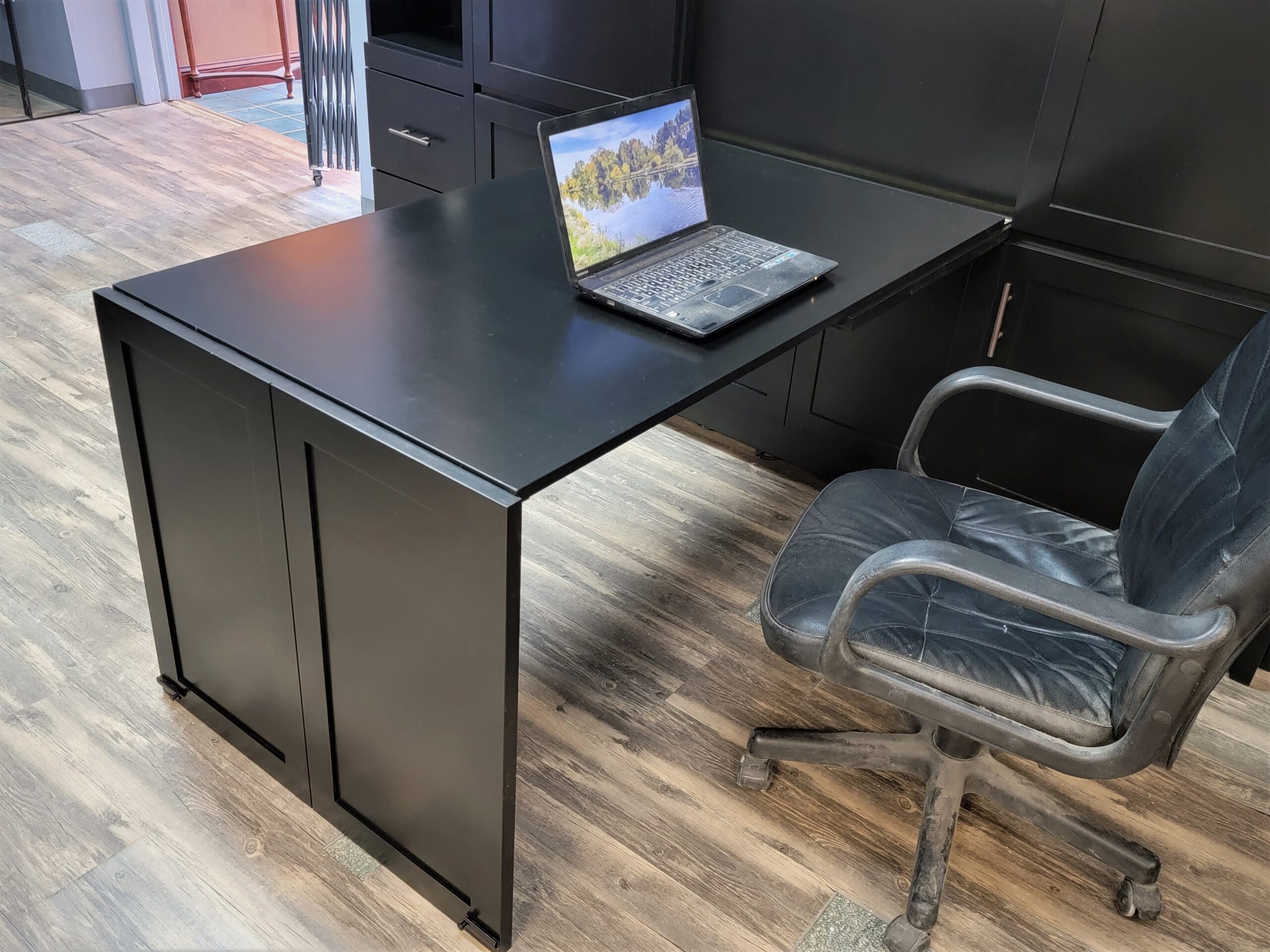 Black Lacquer Shaker Murphy Bed Close-up of Inset Desk