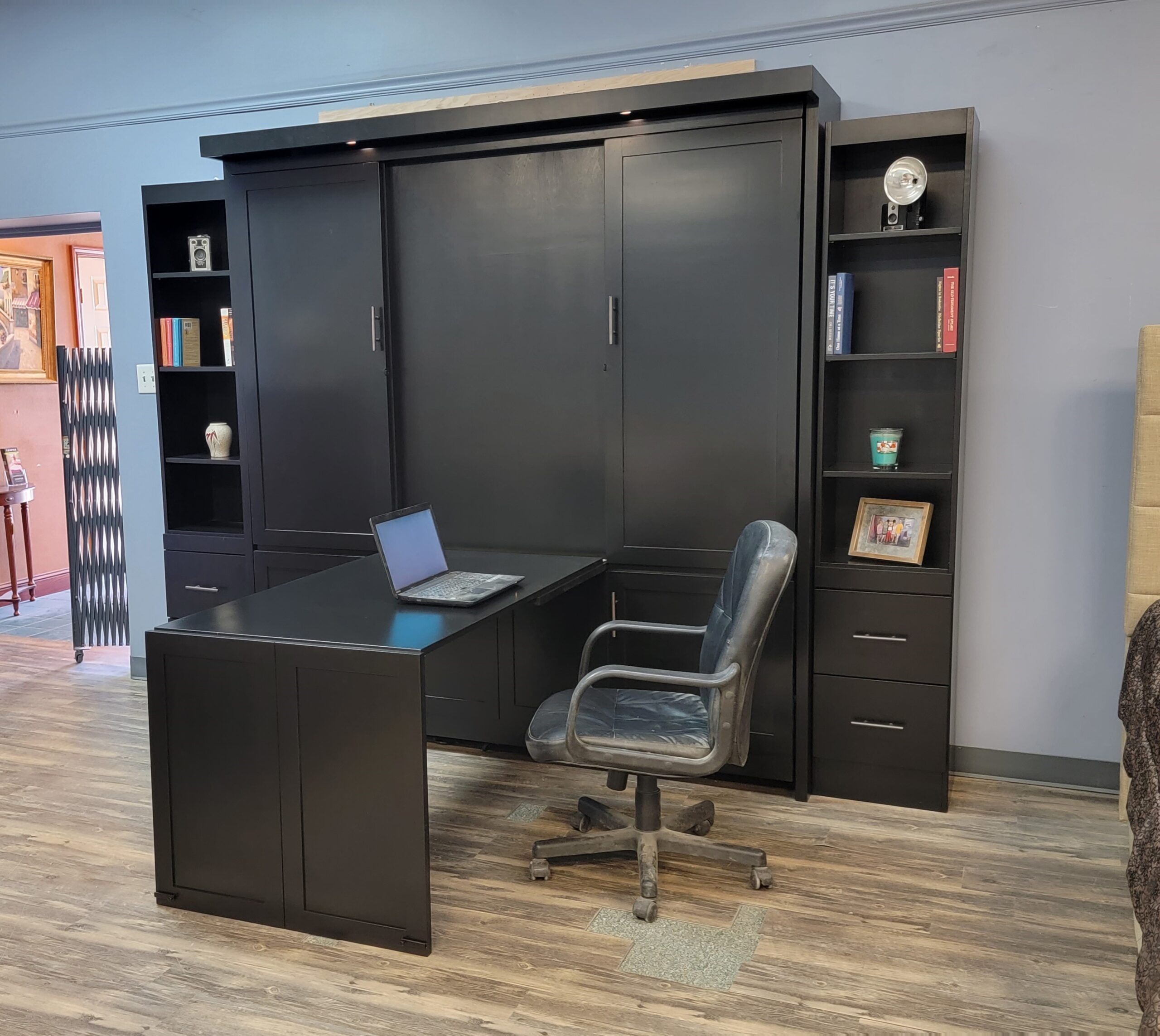 Black Lacquer Shaker Murphy Bed Side View of Murphy Bed Shown Closed and Desk Shown Open