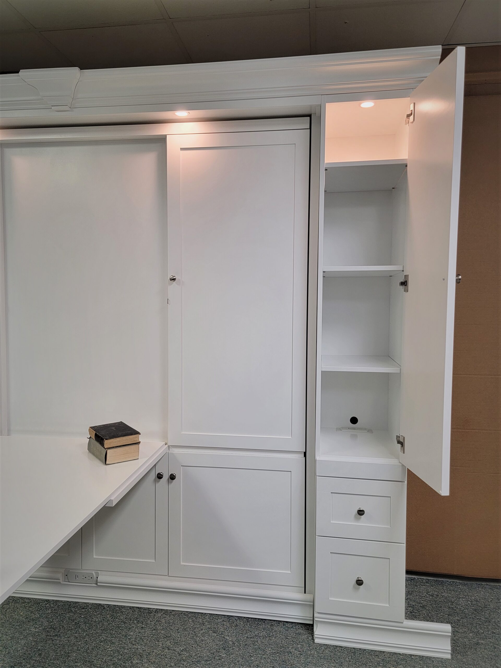 Christy Murphy Bed Bookcase Shown Open with Lights on