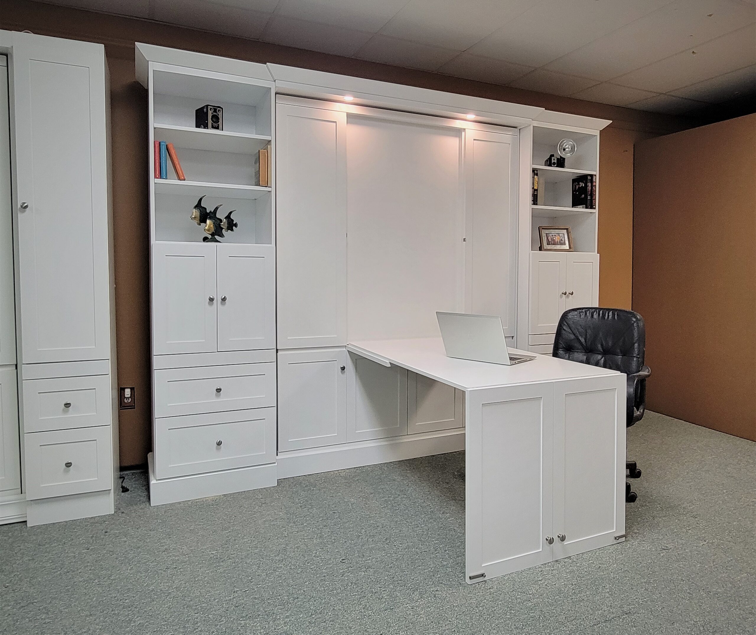 Shaker Murphy Bed Side View of Murphy Bed Shown Closed with Desk Open