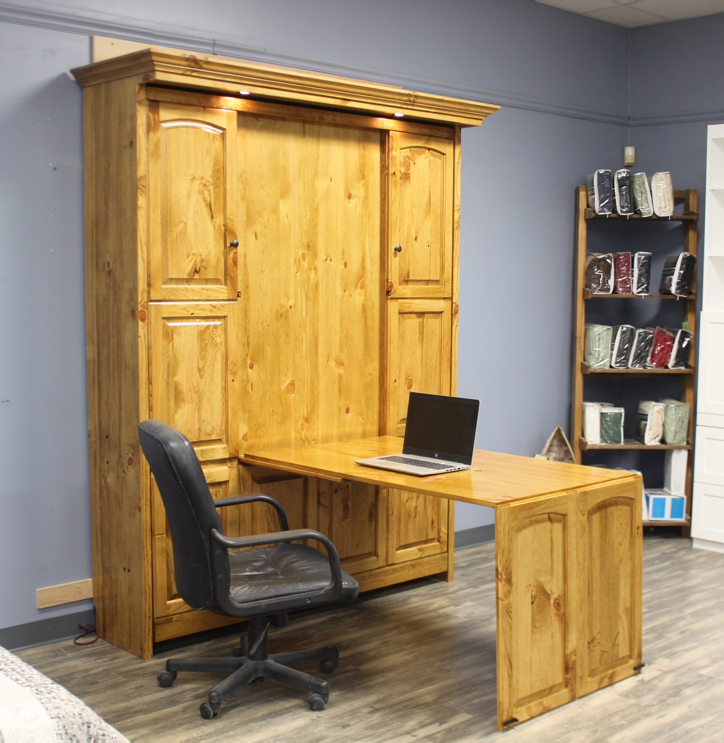 Smithsonian Murphy Bed Side View of Bed Shown Closed with Desk Open