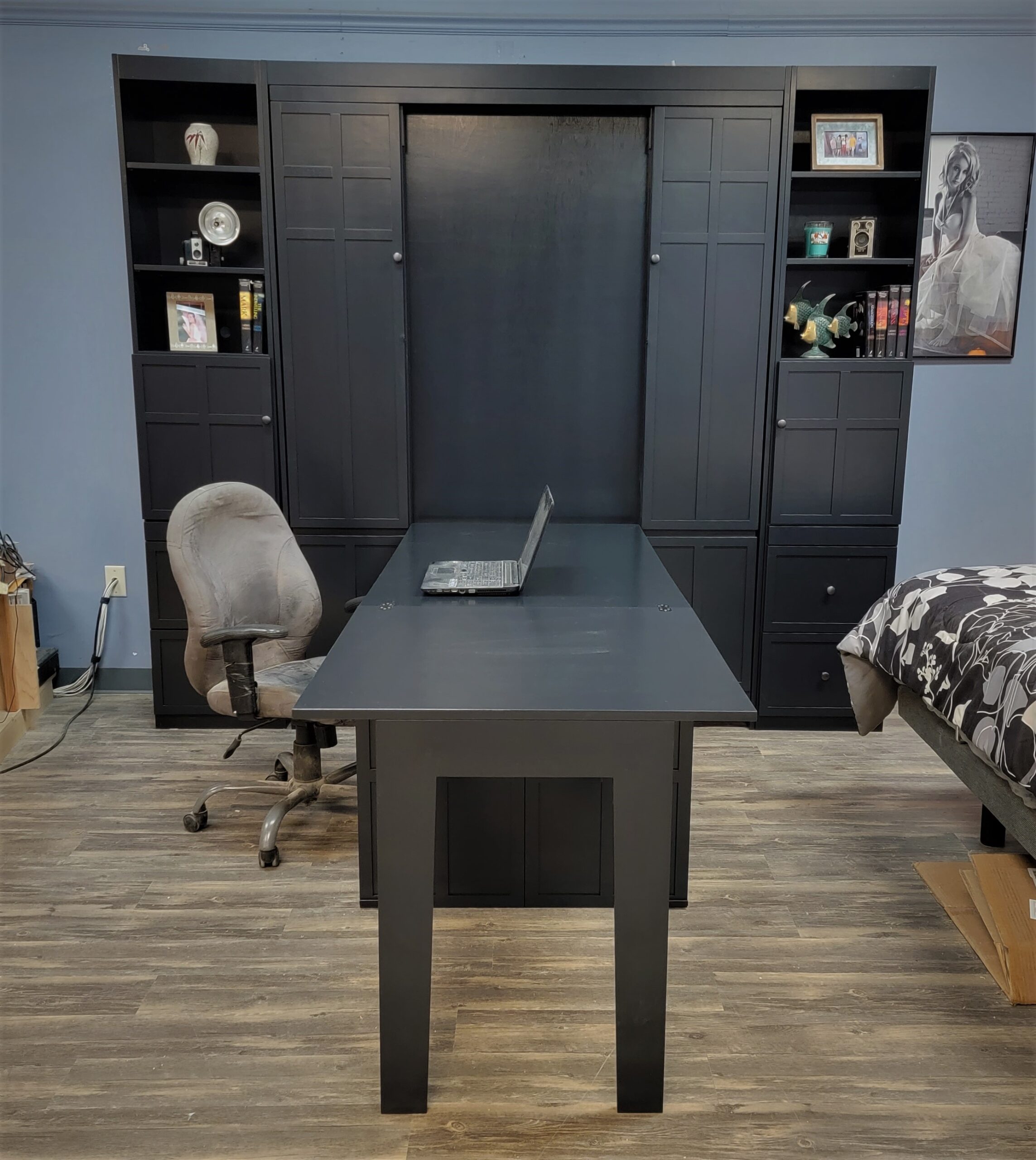 Caviar Black Frank LLoyd Wright Murphy Bed Front View of Murphy Bed Shown Closed and Desk Shown Open