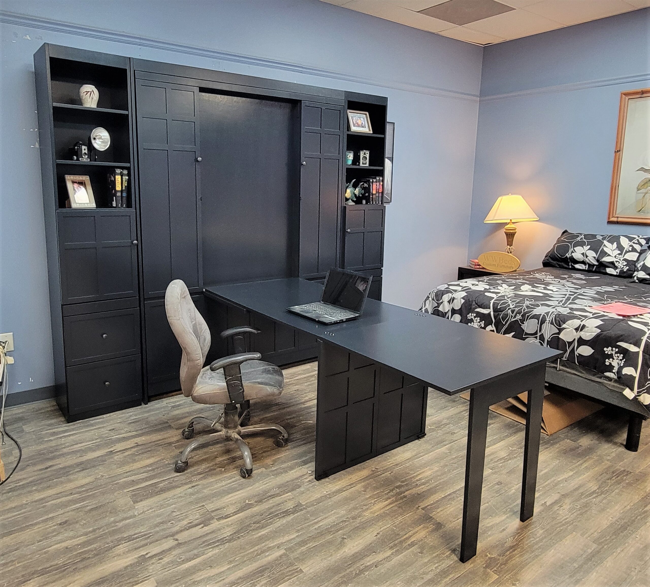 Caviar Black Frank LLoyd Wright Murphy Bed Side View of Bed Closed and the Double Fold Inset Desk Shown Open