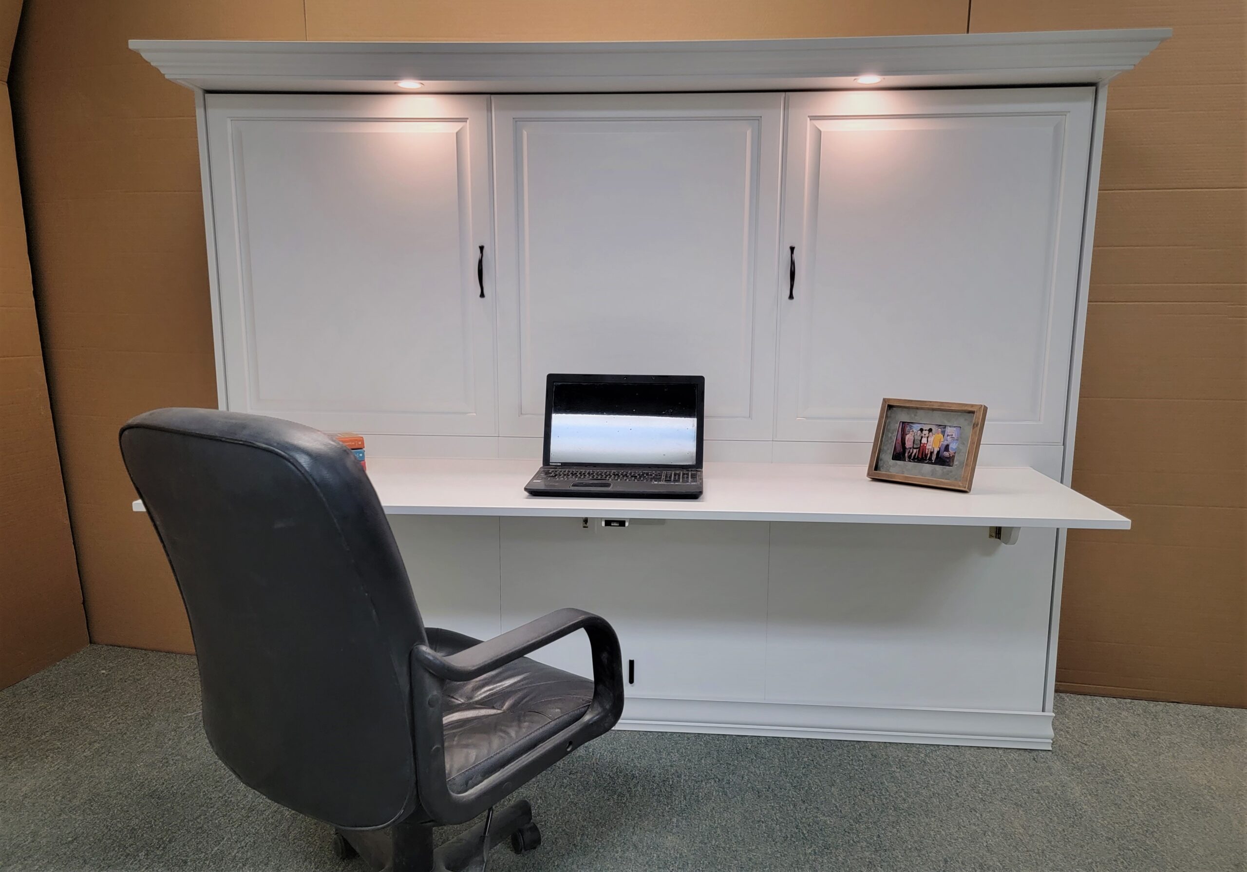 White Lacquer Horizontal Ross Murphy Bed Front View with Desk Up