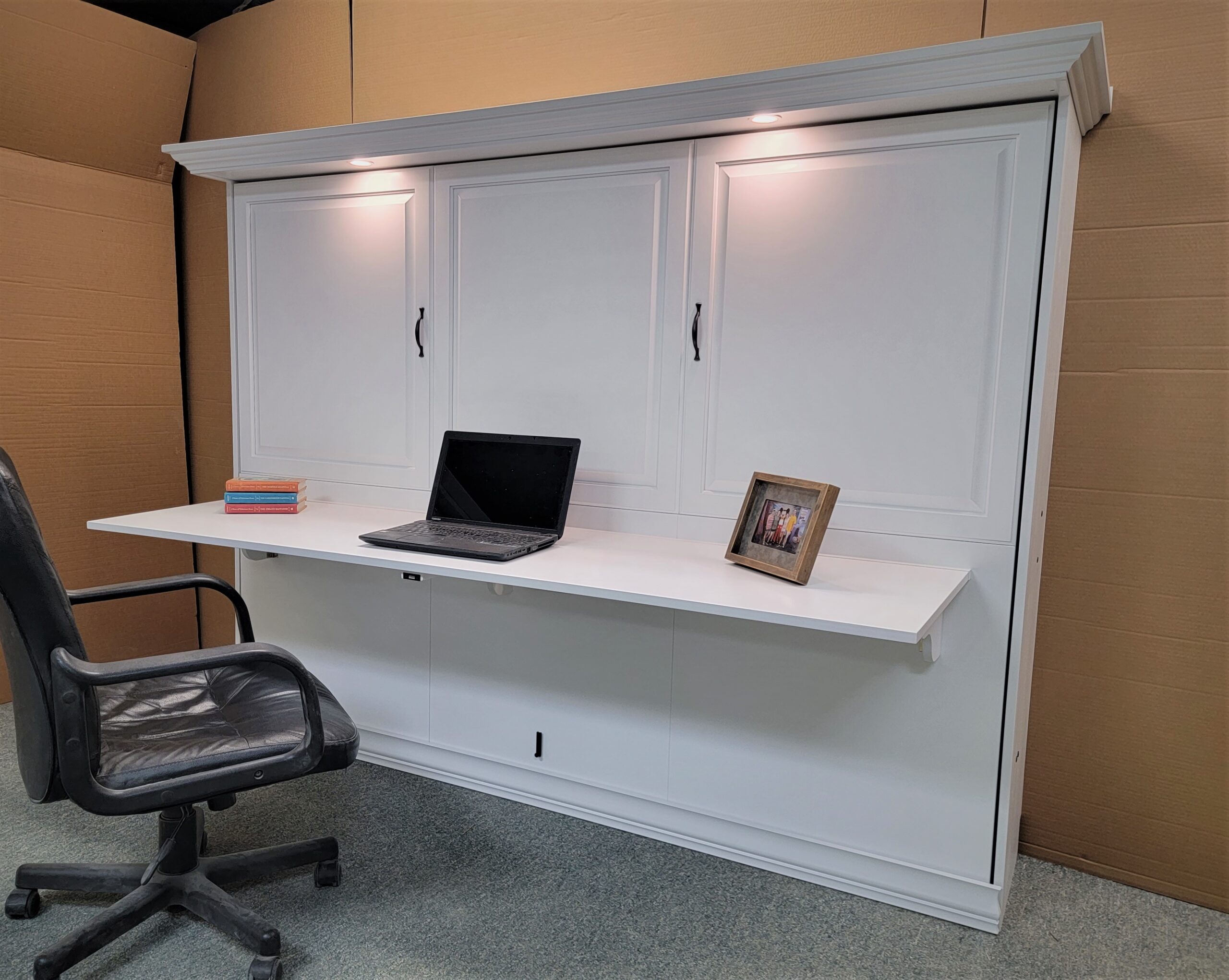 White Lacquer Horizontal Ross Murphy Bed Side View of Bed Closed and Desk Open