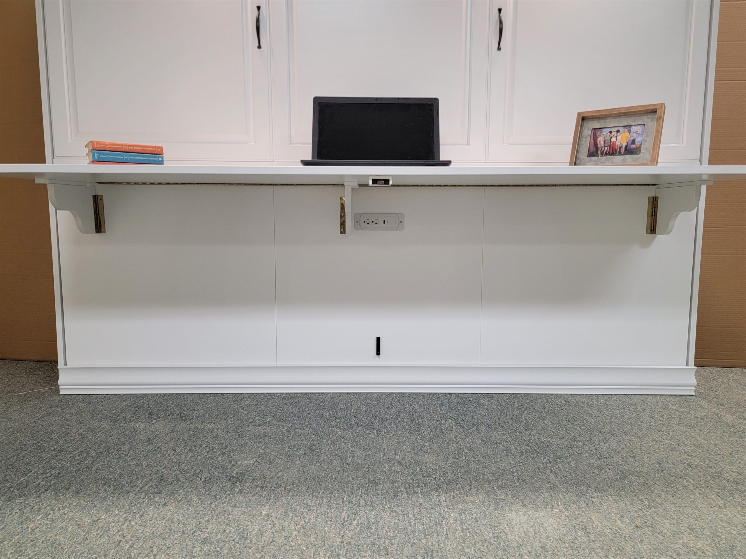 White Lacquer Horizontal Ross Murphy Bed Charging Station Under Fold-Down Desk