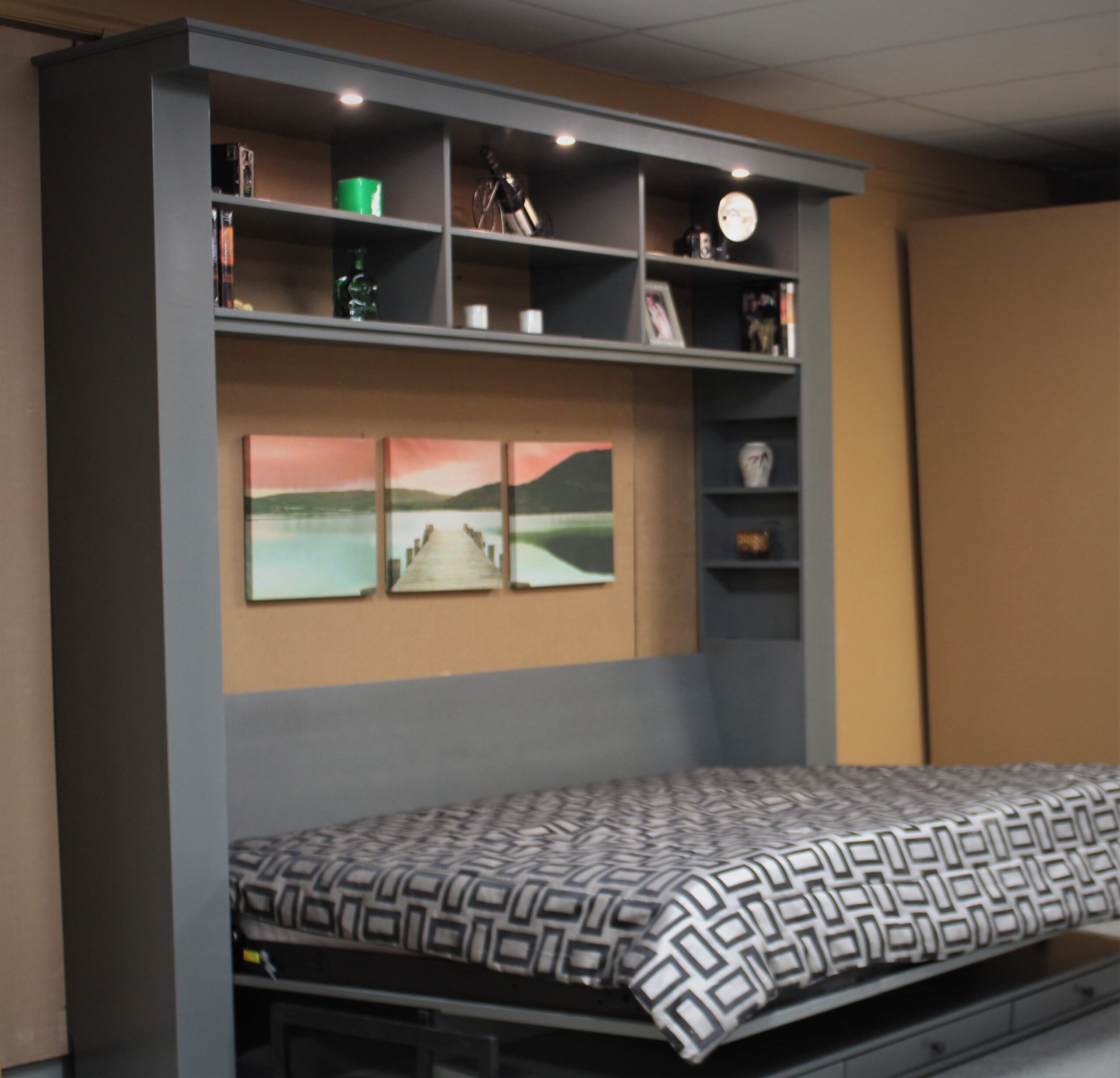 Horizontal Frank Lloyd Wright Murphy Bed Side View of Bed Shown Open