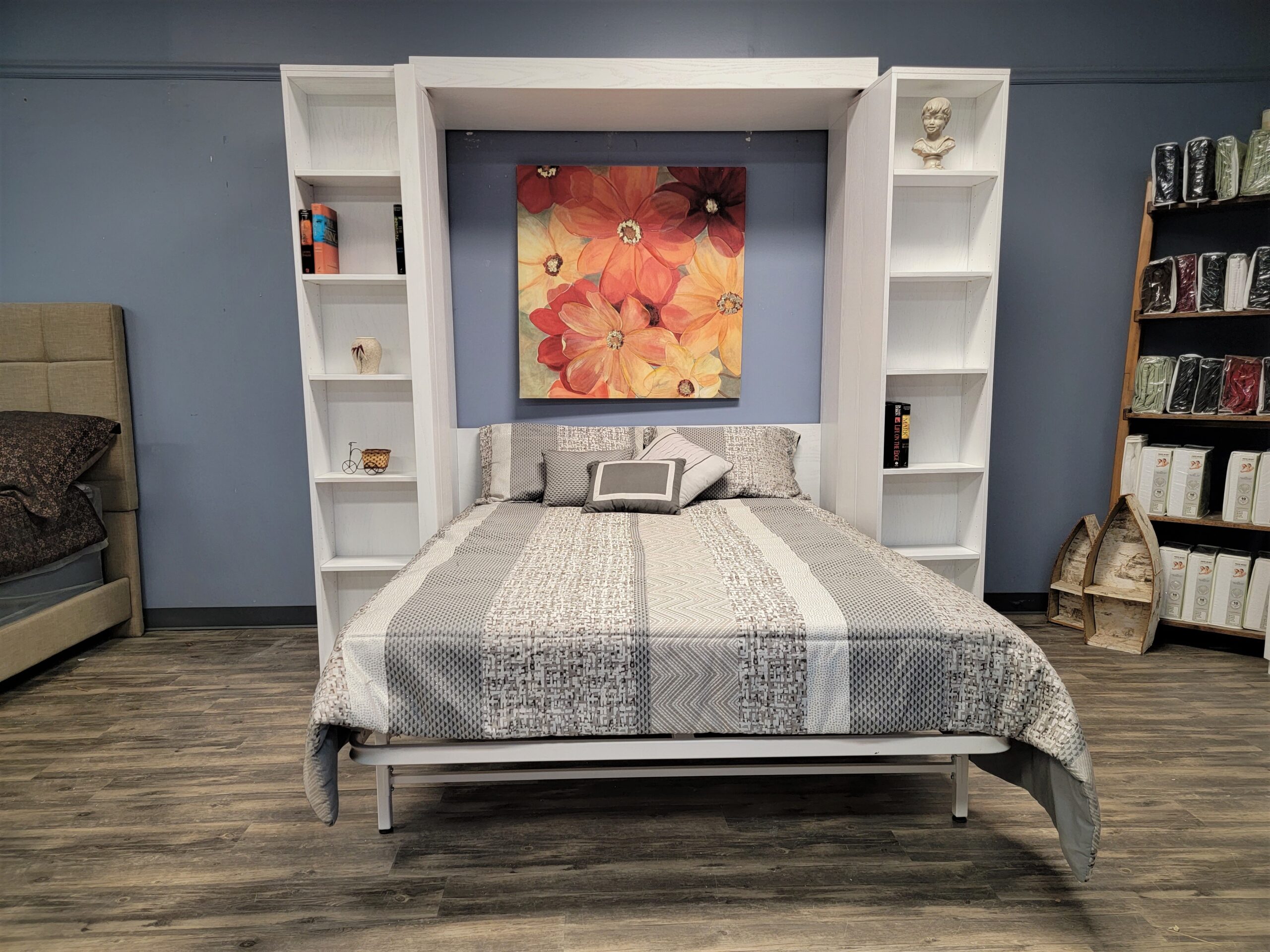 White Lacquer Pivoting Bookcase Murphy Bed Front View of Bed Shown Open