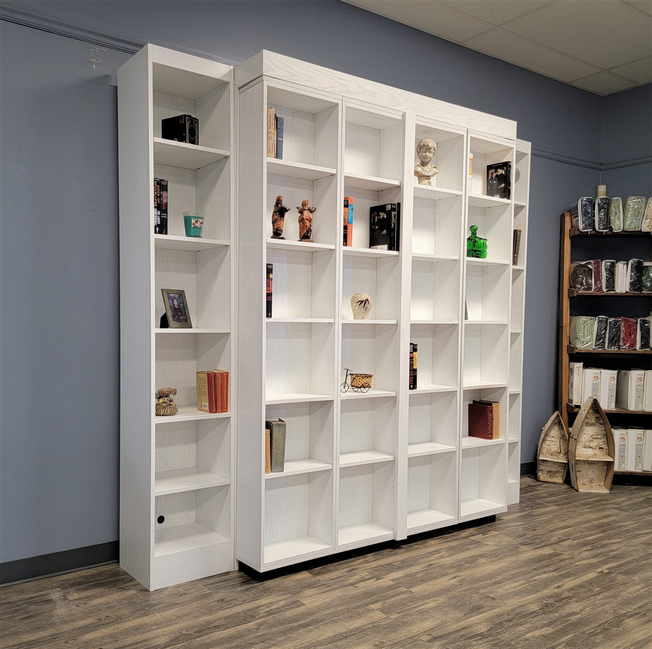 White Lacquer Pivoting Bookcase Murphy Bed Side View of Bed Shown Closed