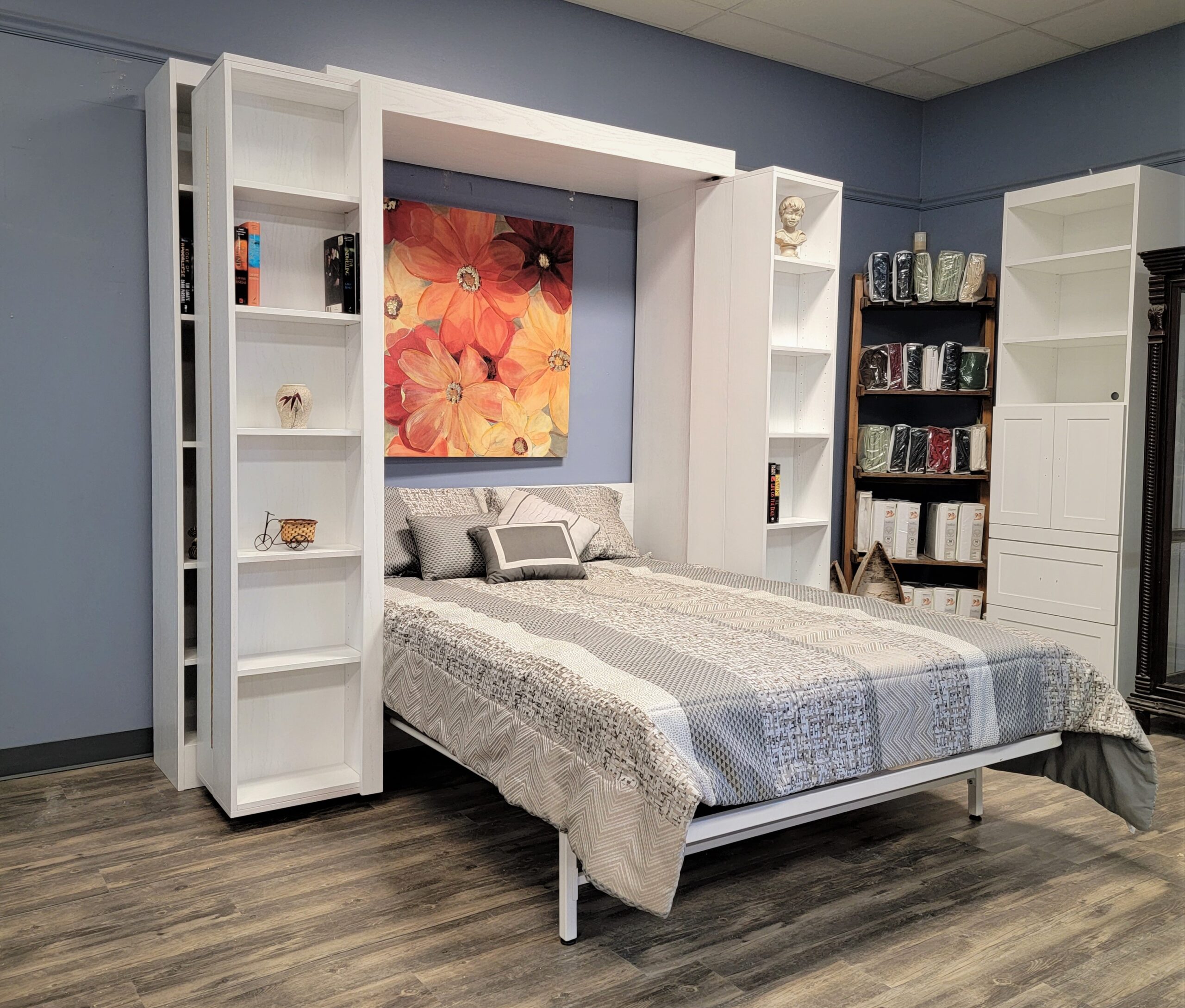 White Lacquer Pivoting Bookcase Murphy Bed Side View of Bed Shown Open