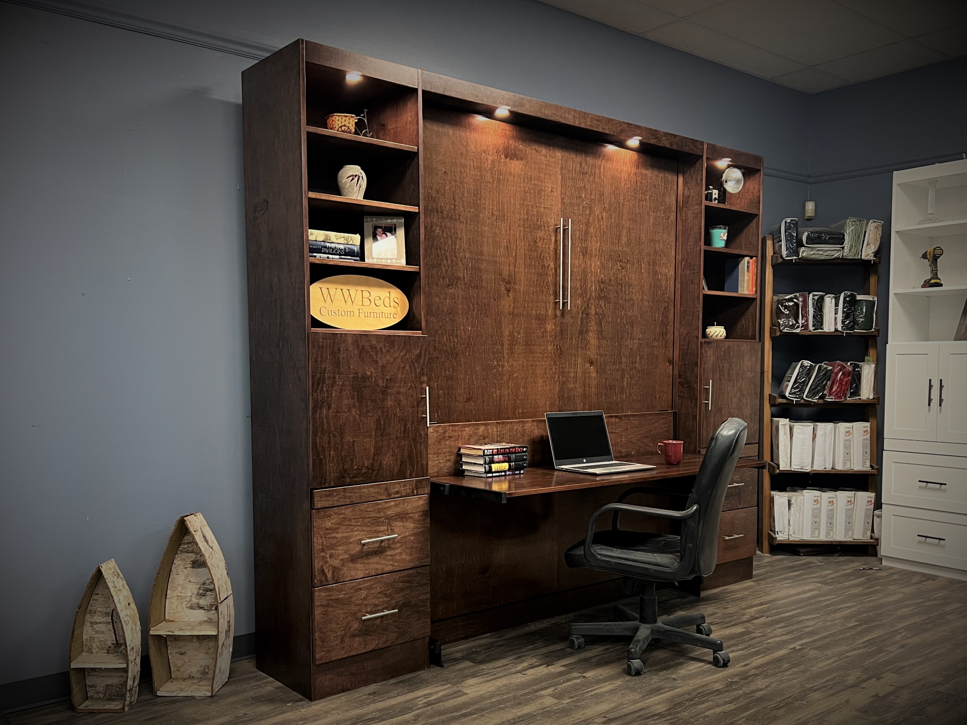Red Mahogany Murphy Bed Side View of Bed Shown Closed