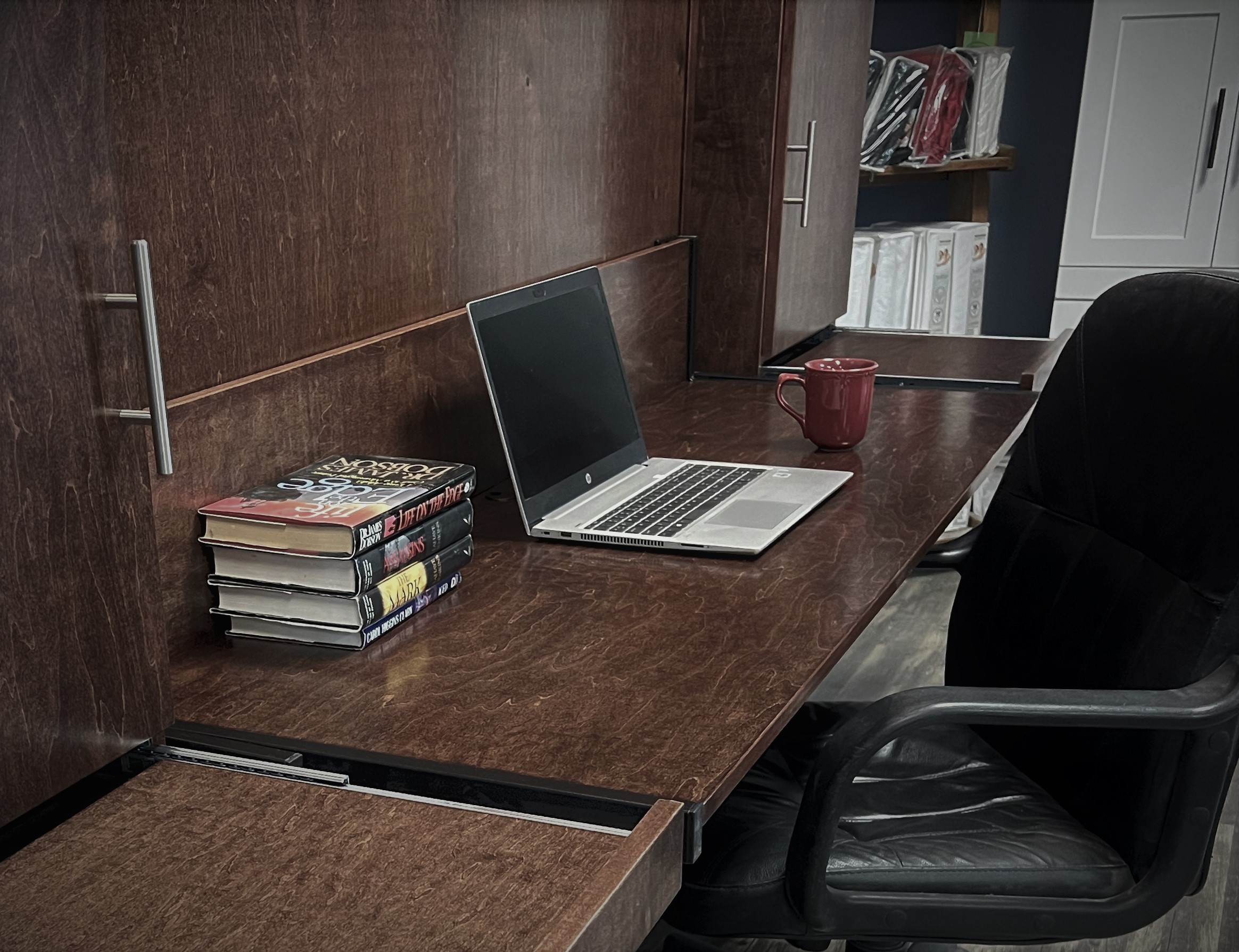 Red Mahogany Murphy Bed Close-up of Stay Level Desk