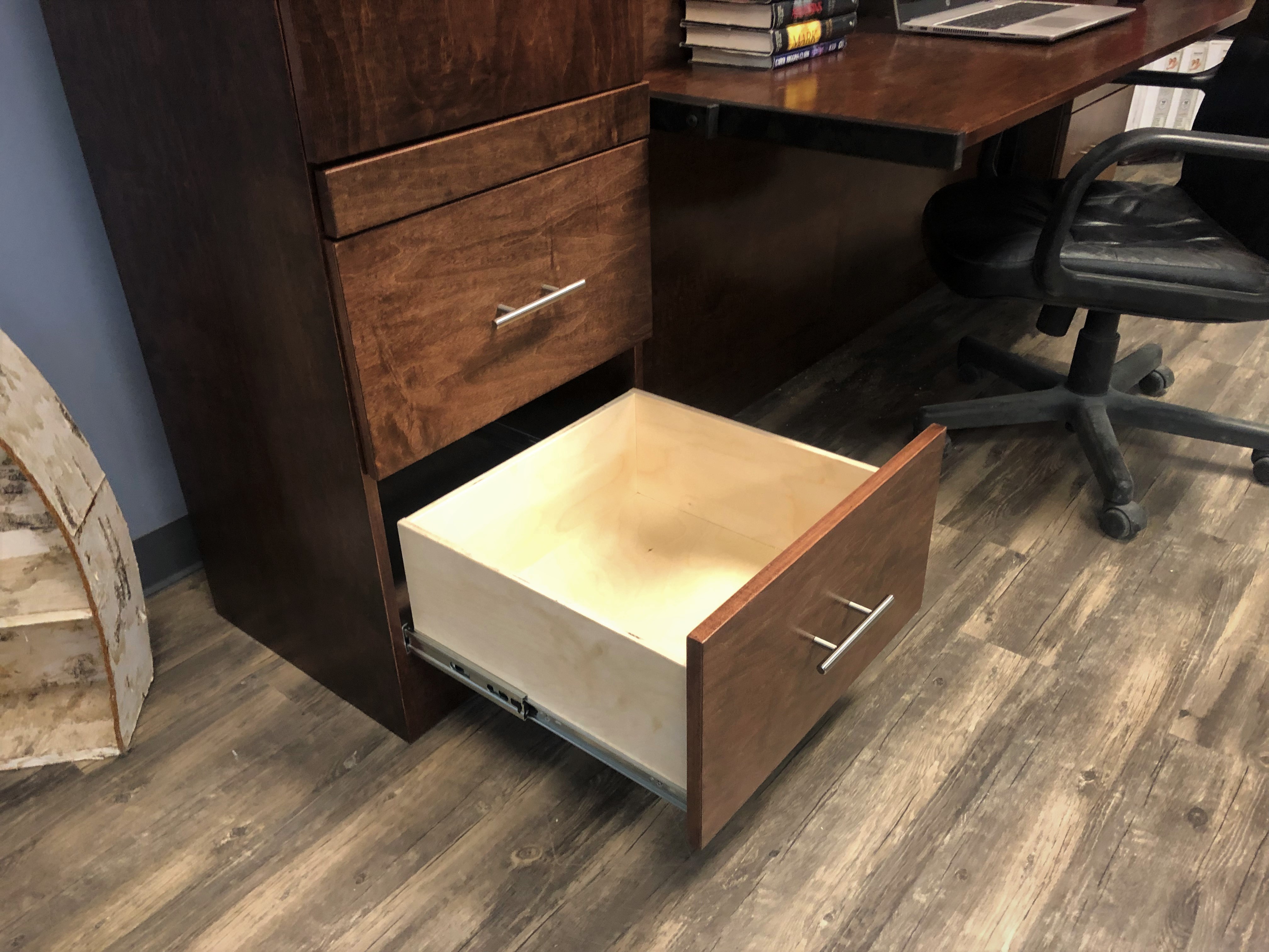 Red Mahogany Murphy Bed Standard Drawers in Lower Section of Bookcases