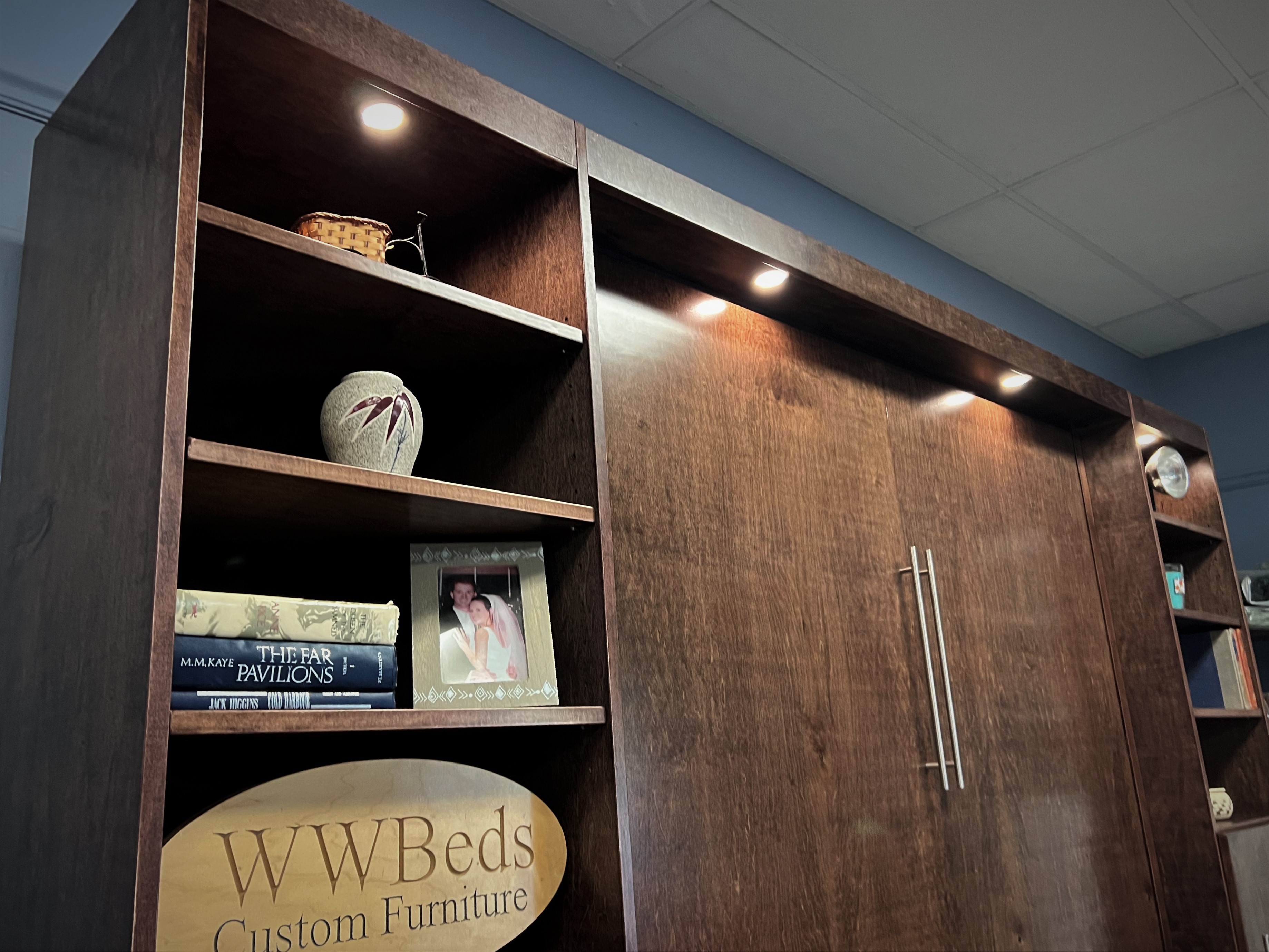 Red Mahogany Murphy Bed LED Lights for Bed and Bookcases