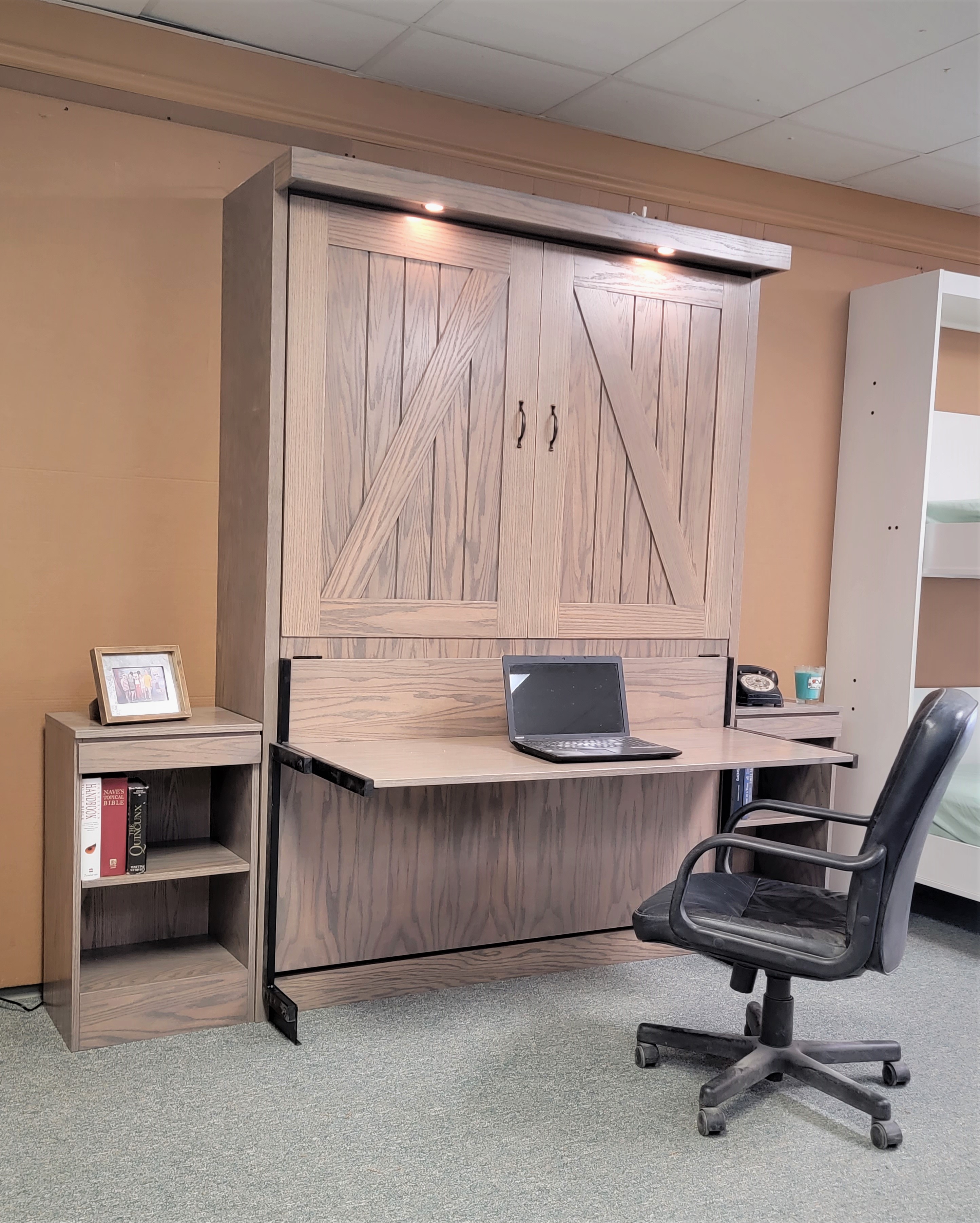 Classic Gray Barn Door Murphy Side View of Murphy Bed Shown Closed