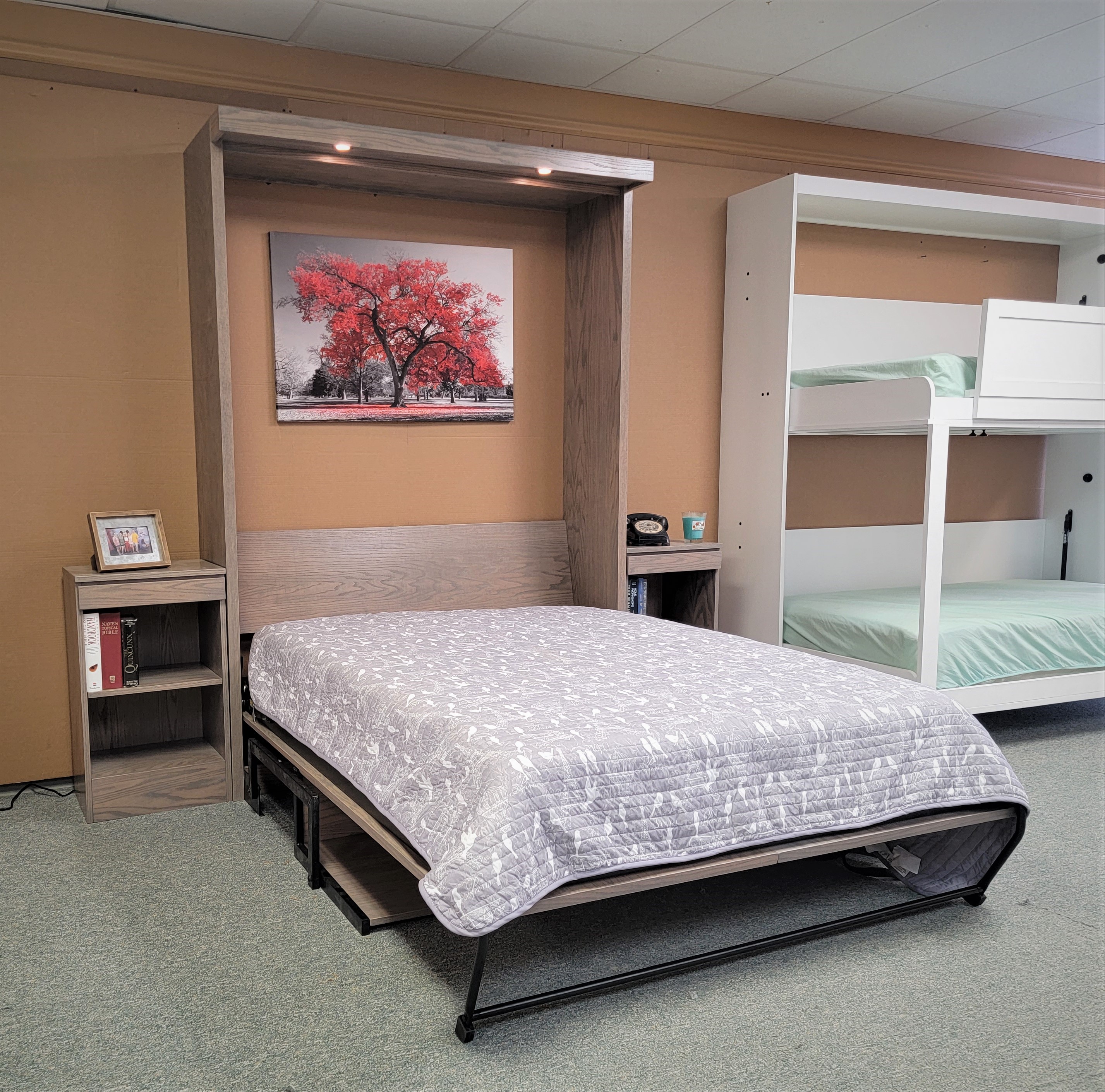 Classic Gray Barn Door Murphy Side View of Murphy Bed Shown Open