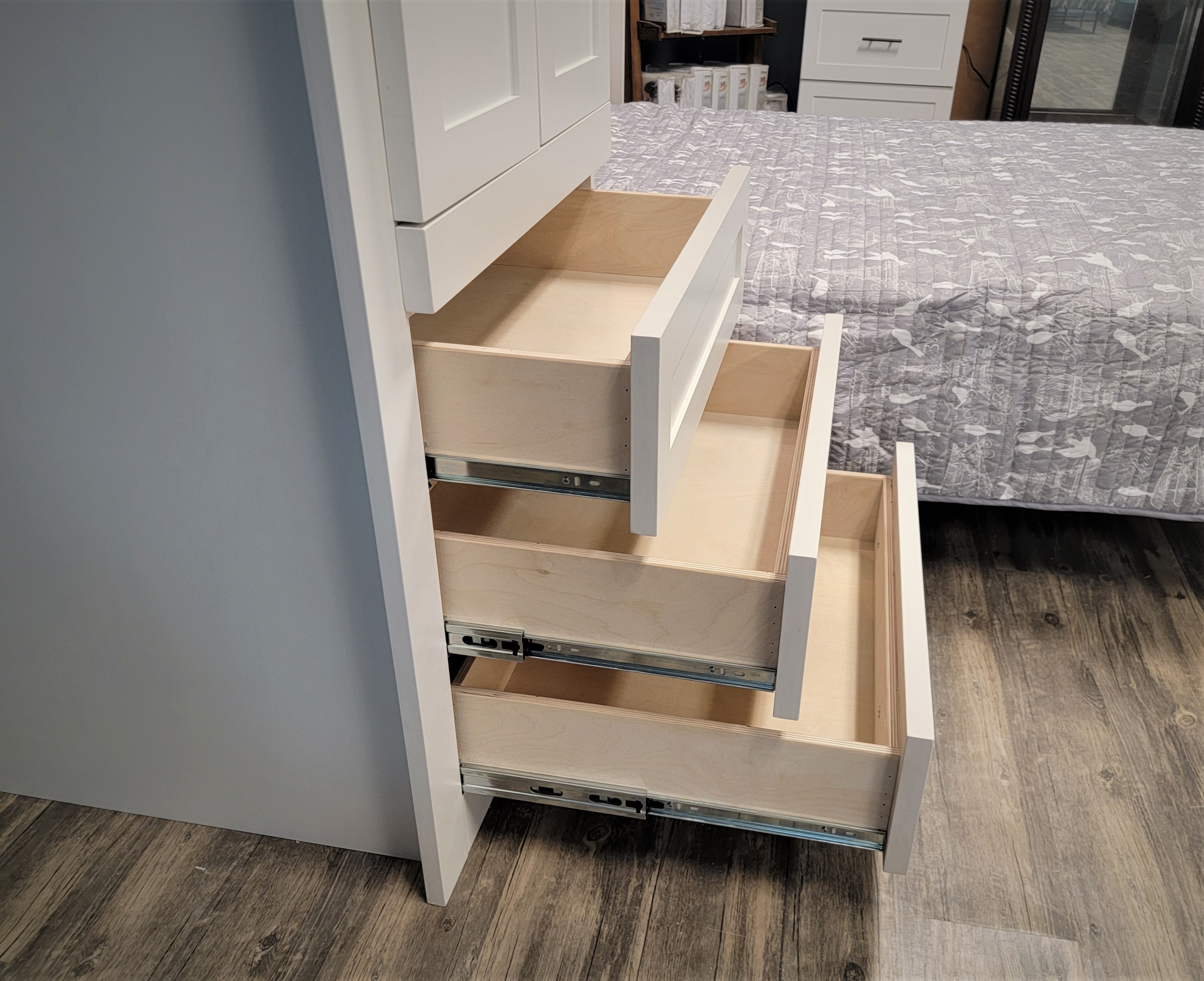 Shaker Murphy Bed Three Standard Drawers in Bookcase Shown Open