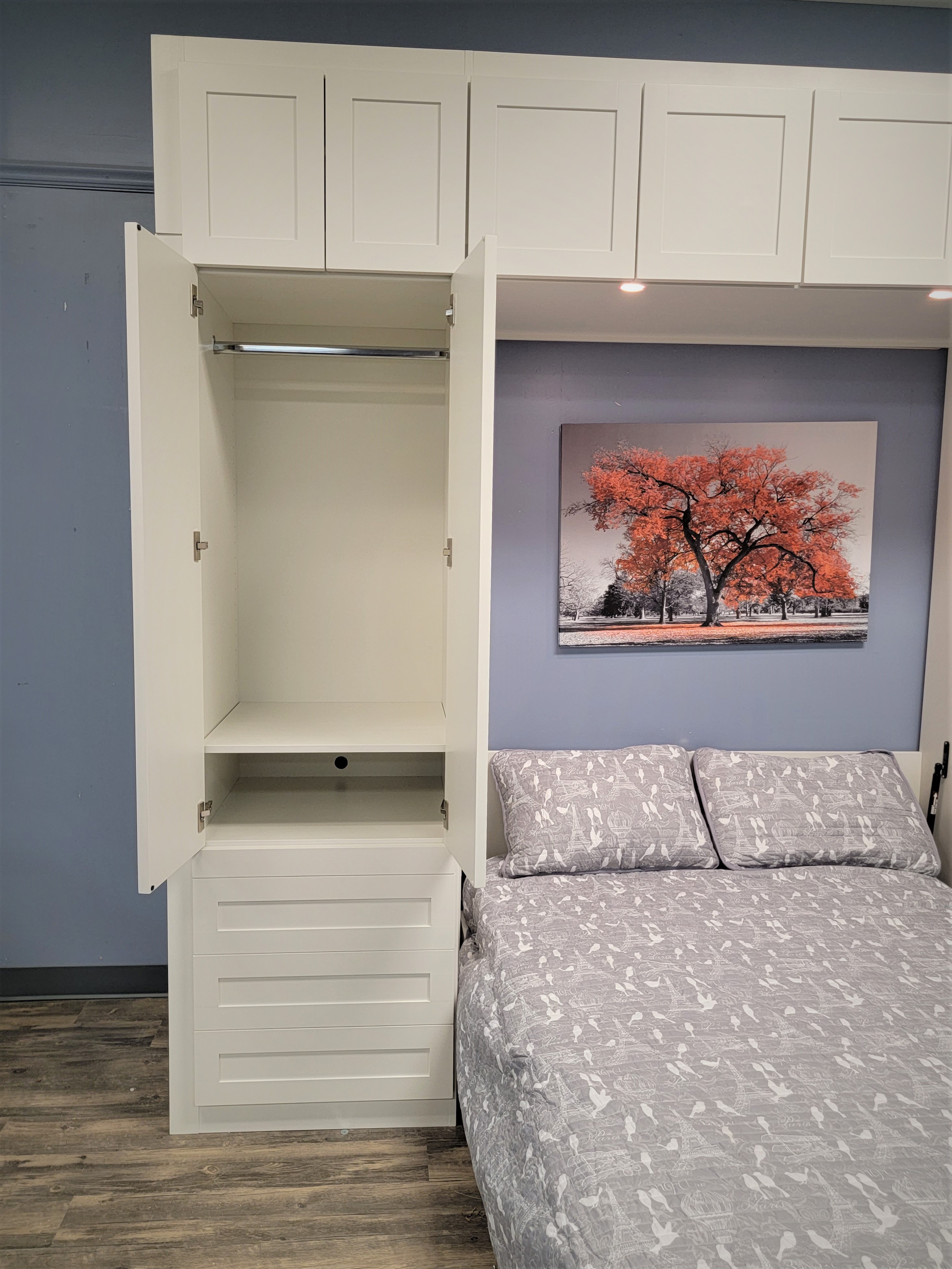 Shaker Murphy Bed Bookcase Door Shown Open with Hanging Rod Inside