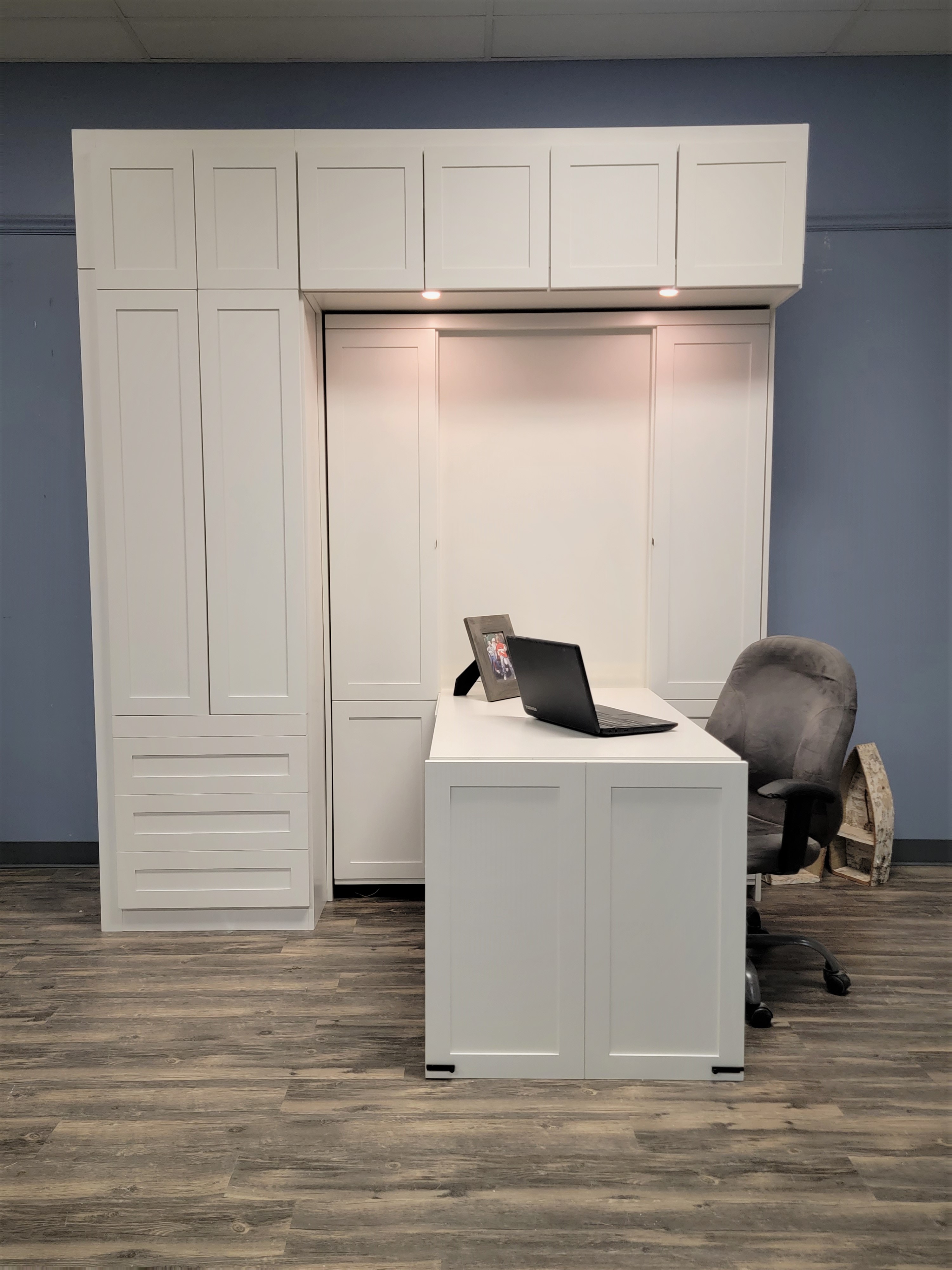 Shaker Murphy Bed Front View of Murphy Bed Shown Closed and Desk Shown Open