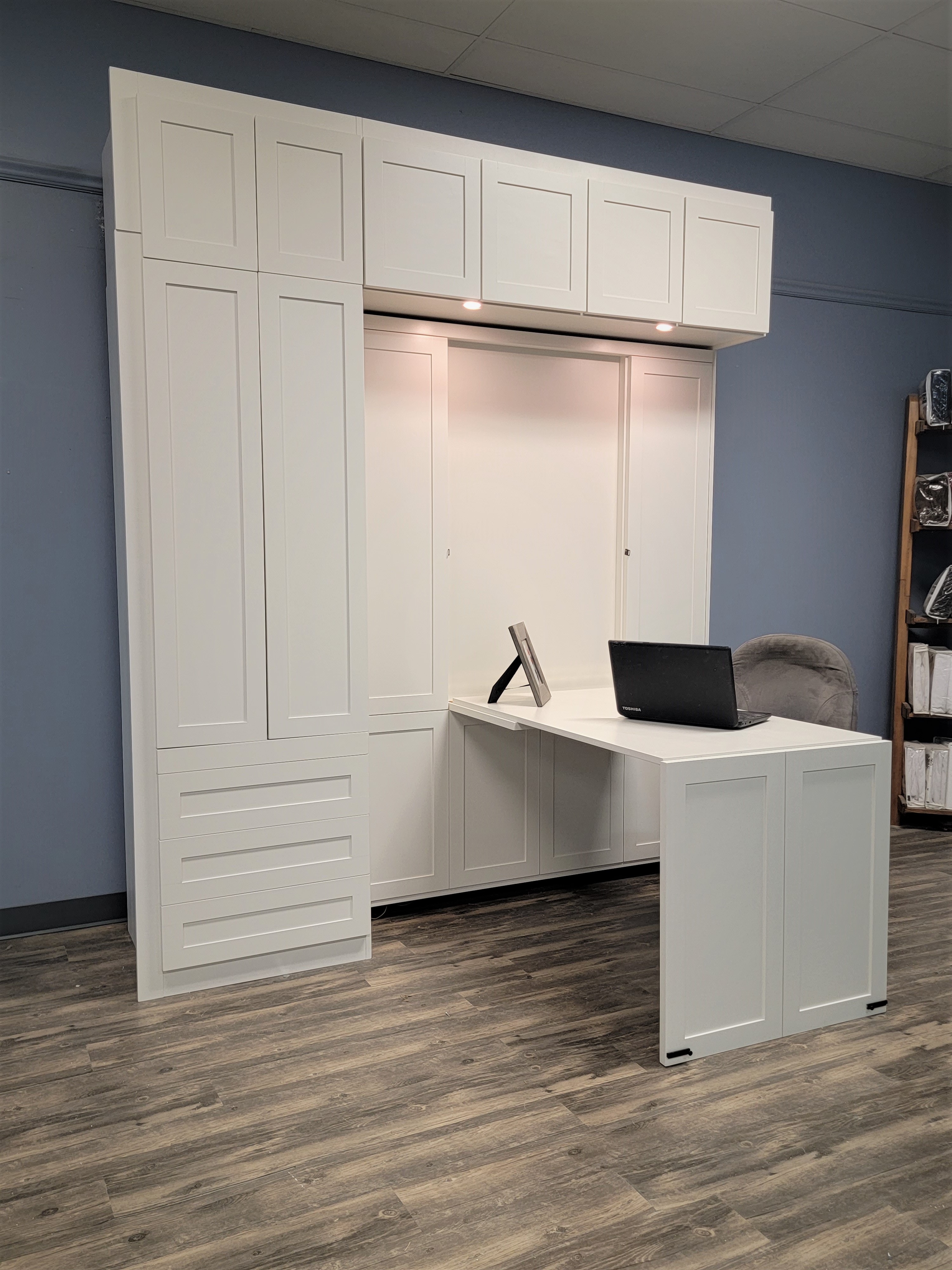 Shaker Murphy Bed Side View of Bed Shown Closed and Desk Shown Open