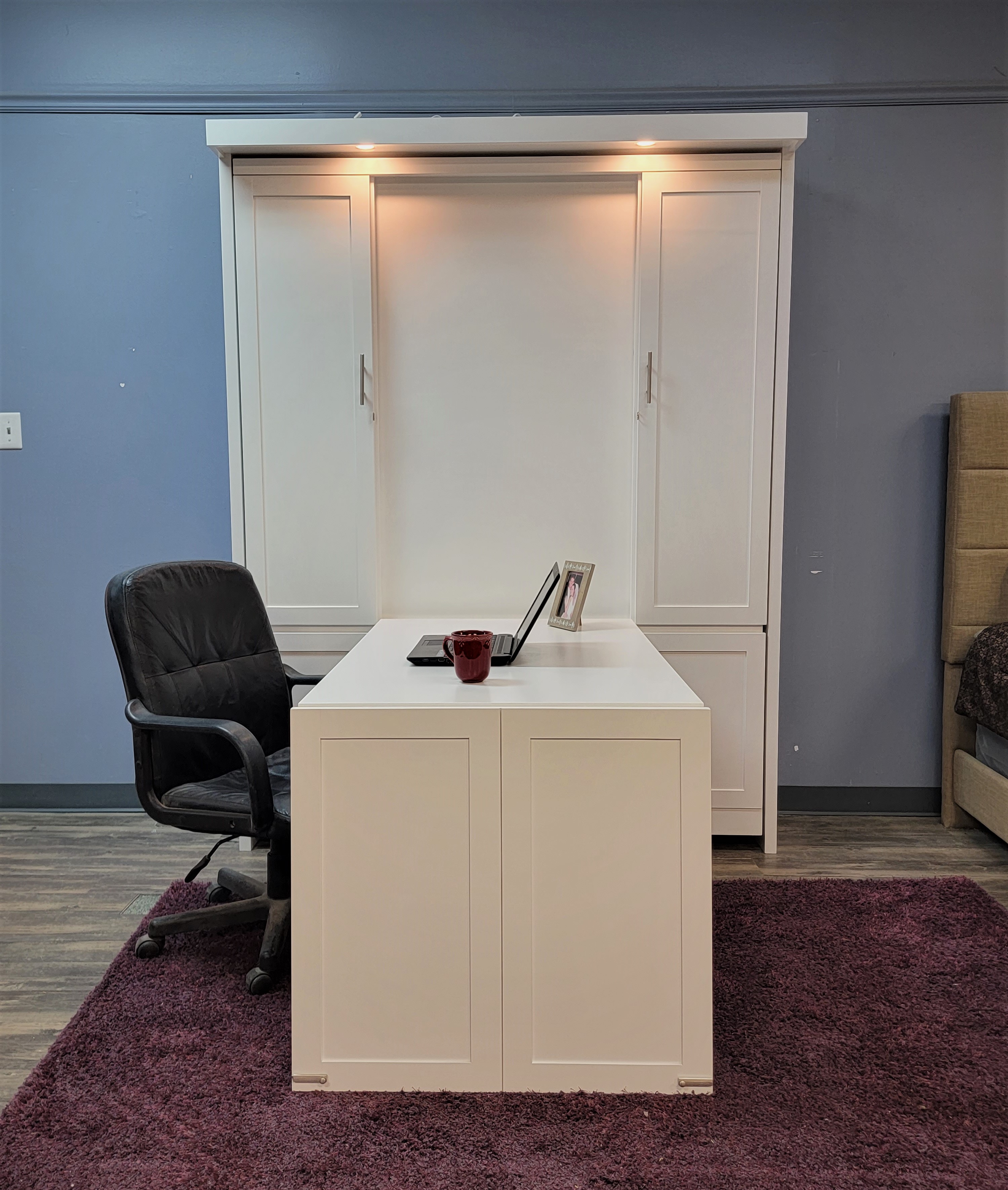 White Lacquer Christy Murphy Bed Front View of Bed Shown Closed and Desk Shown Open