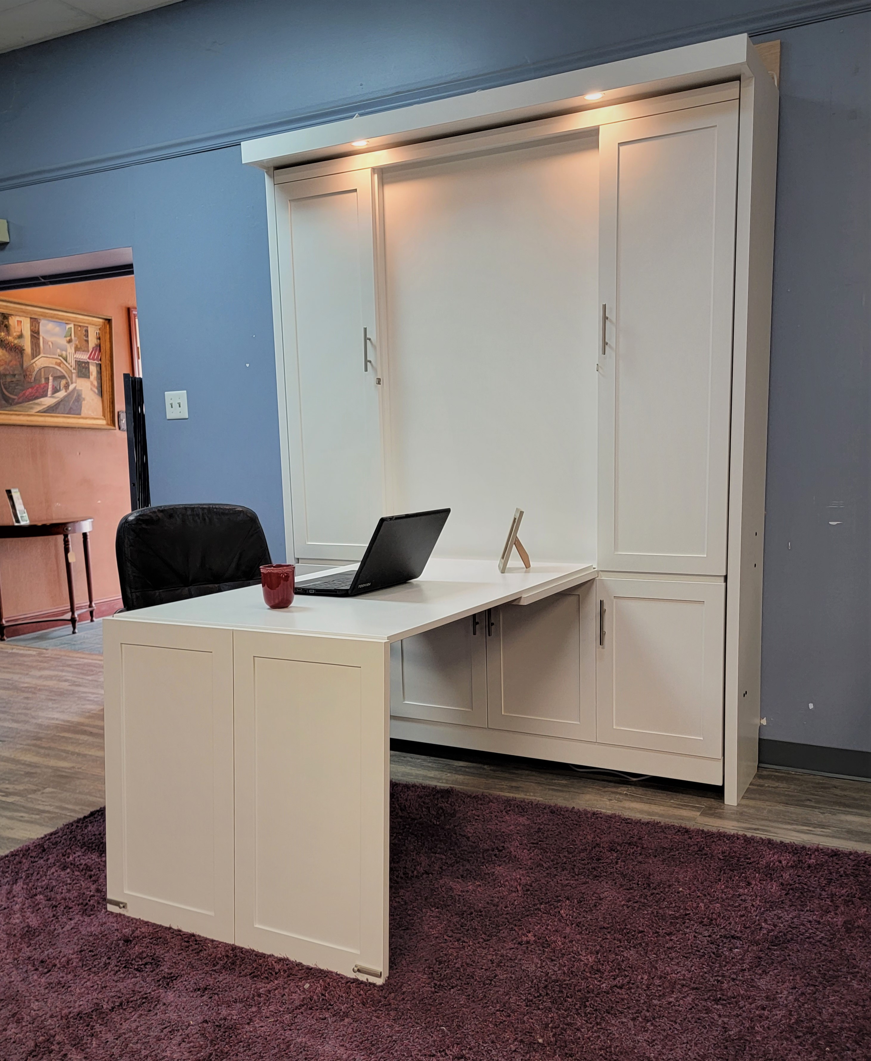 White Lacquer Christy Murphy Bed Side View of Murphy Bed Shown Closed and Desk Open