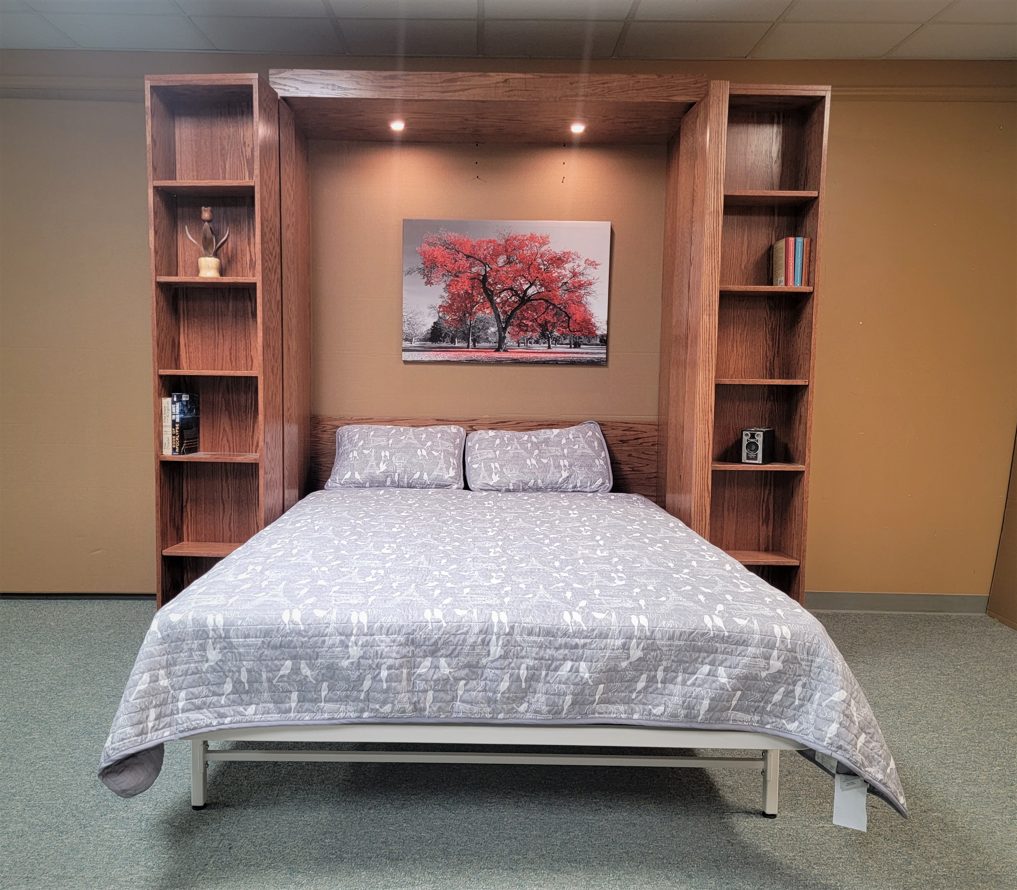 Red Chestnut Pivoting Bookcase Murphy Bed Front View of Murphy Bed Shown Open