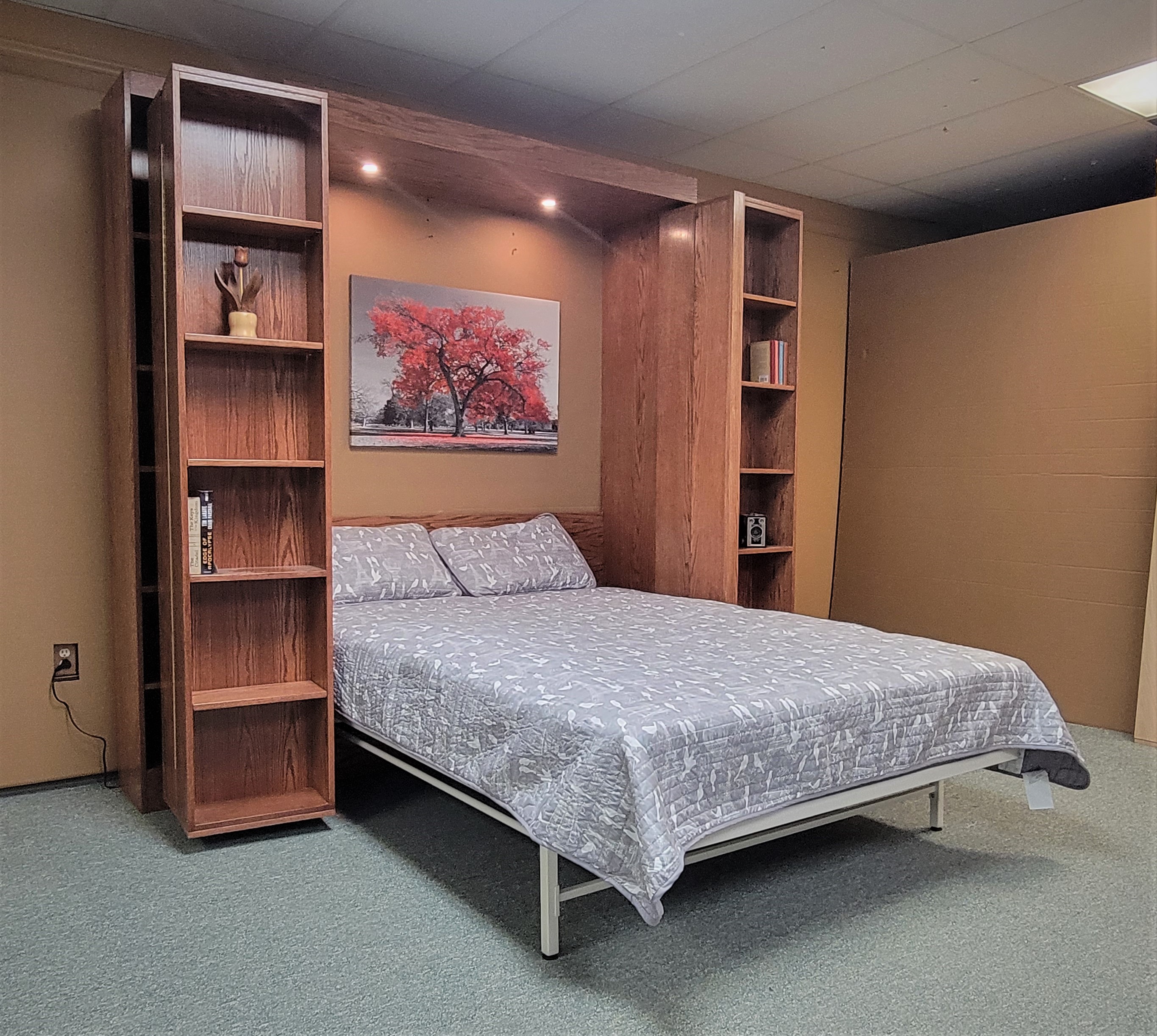 Red Chestnut Pivoting Bookcase Murphy Bed Side View of Murphy Bed Shown Open
