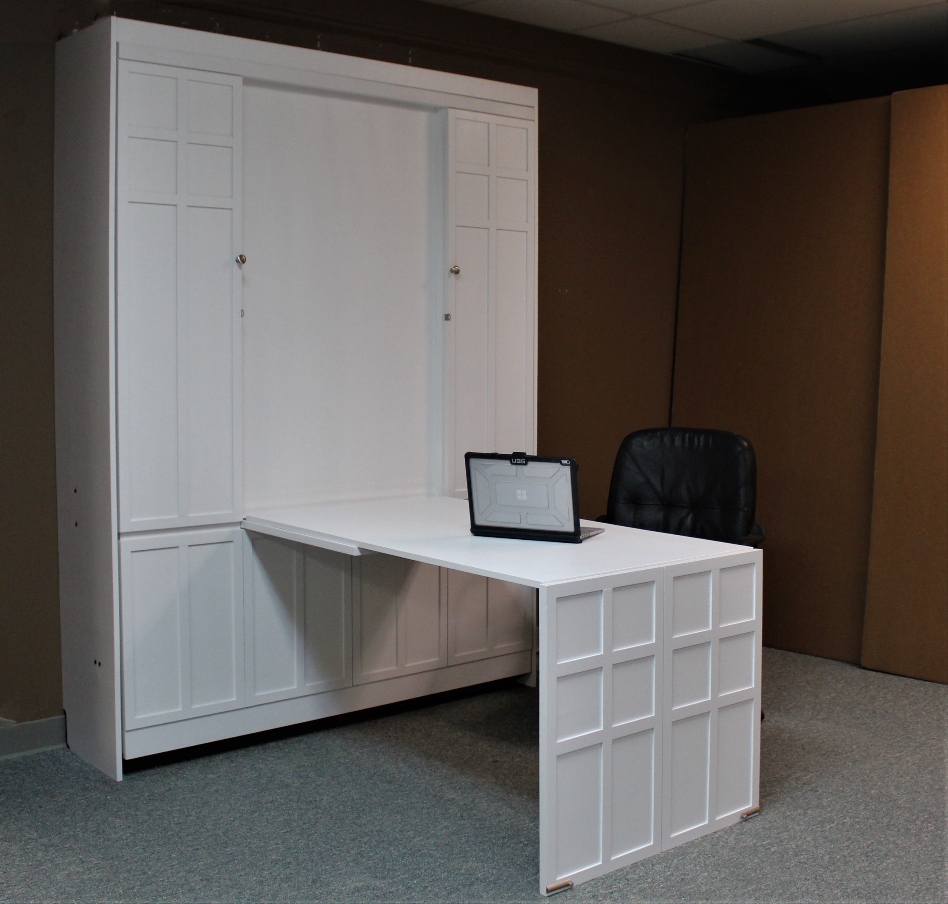 White Frank Lloyd Right Murphy bed shown with desk open