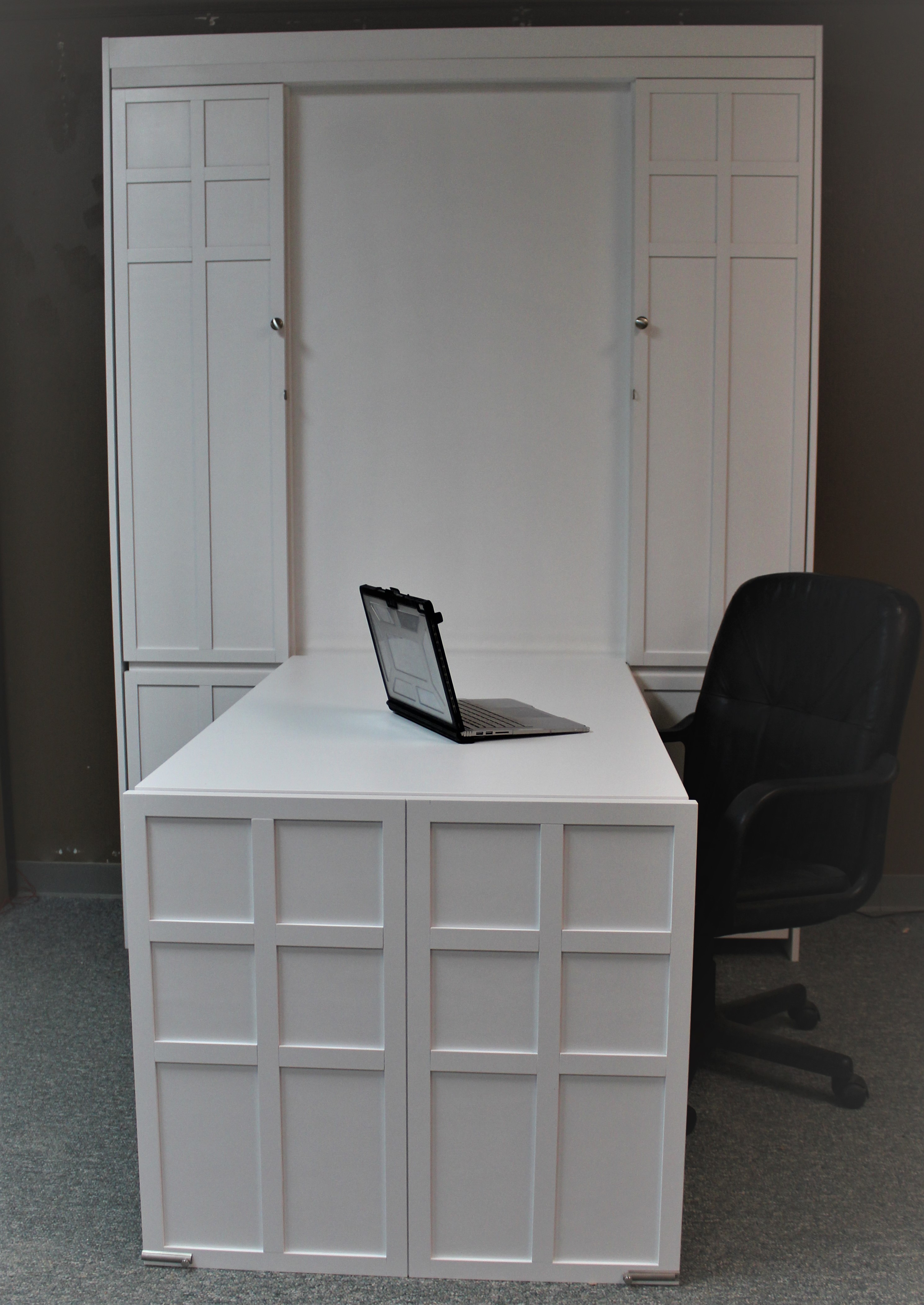 White Frank Lloyd Right Murphy bed shown desk down