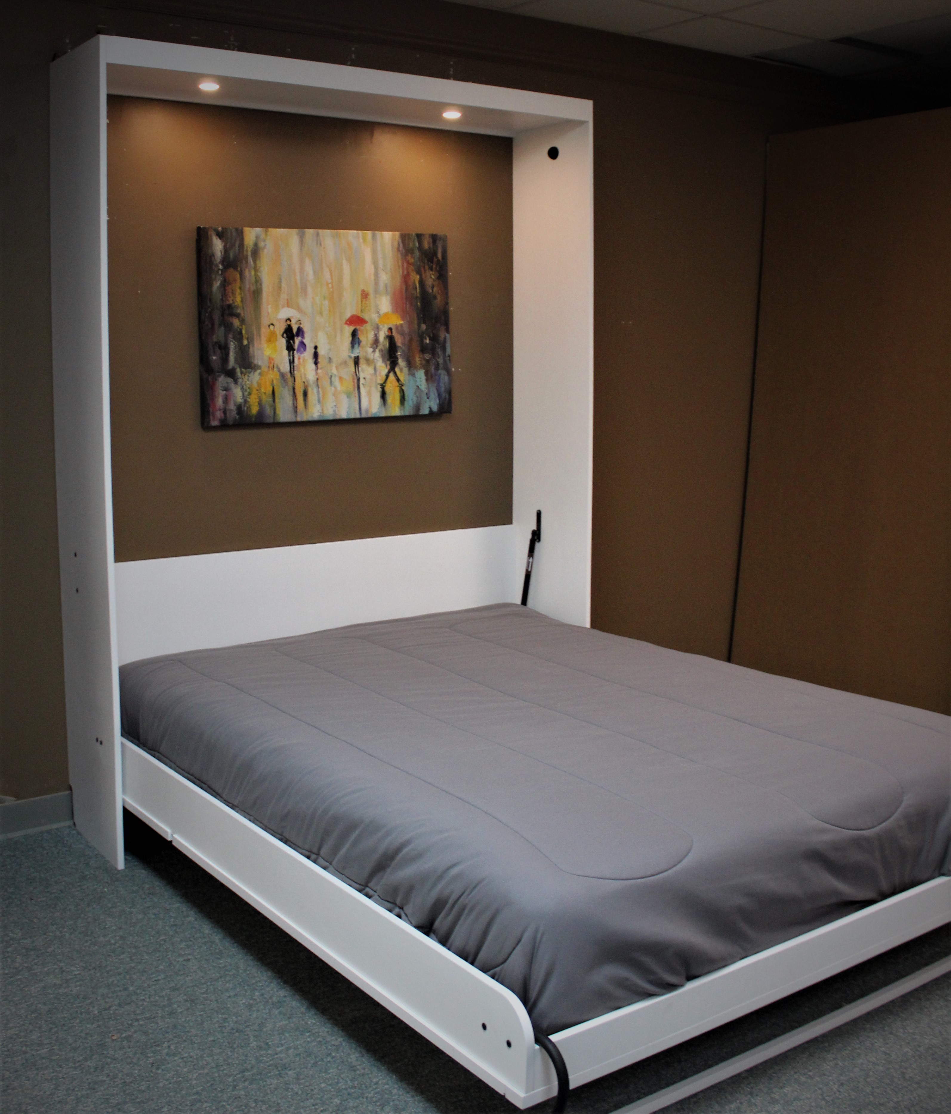 White Frank Lloyd Right Murphy bed show with bed open