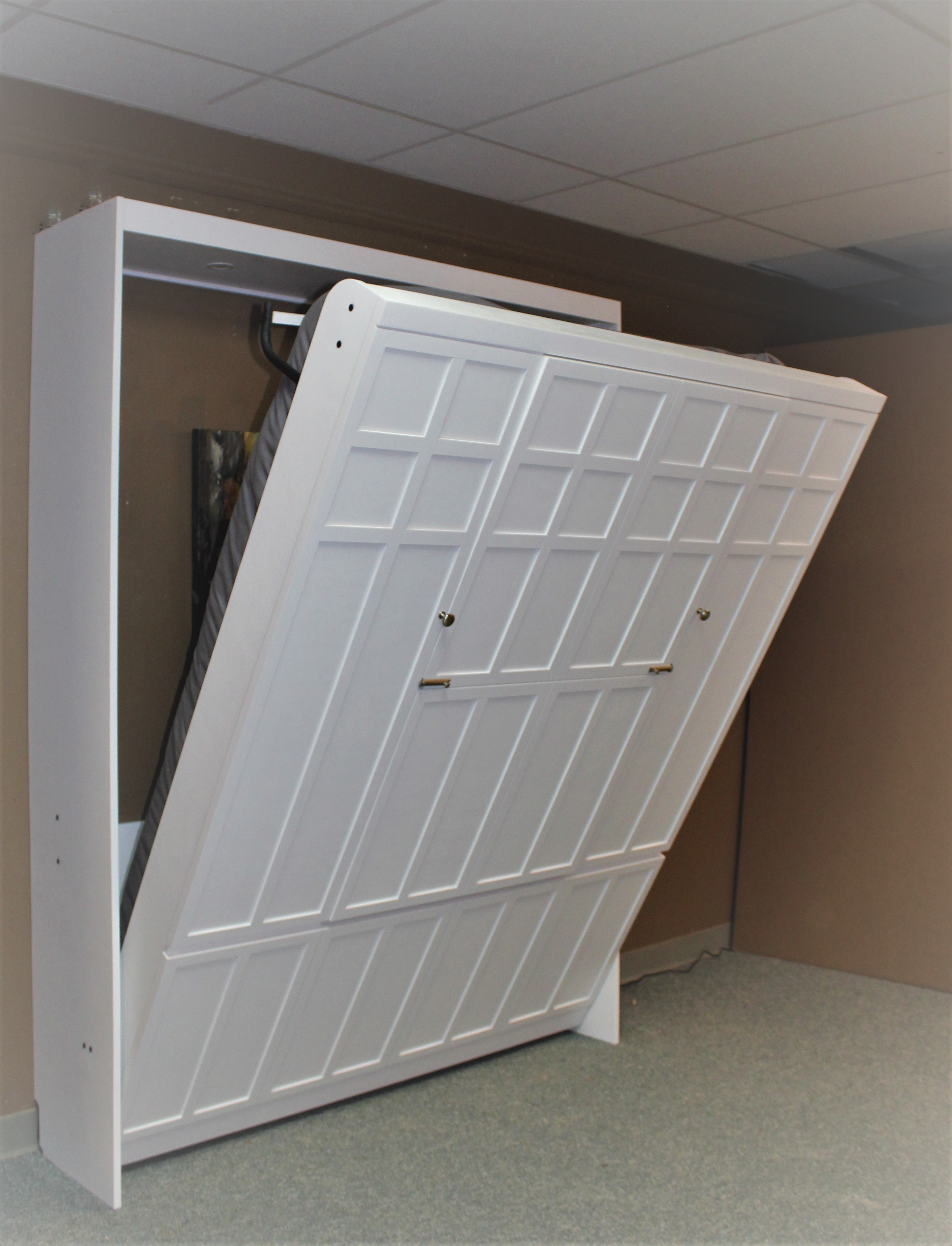 White Frank Lloyd Right Murphy bed showing the bed opening